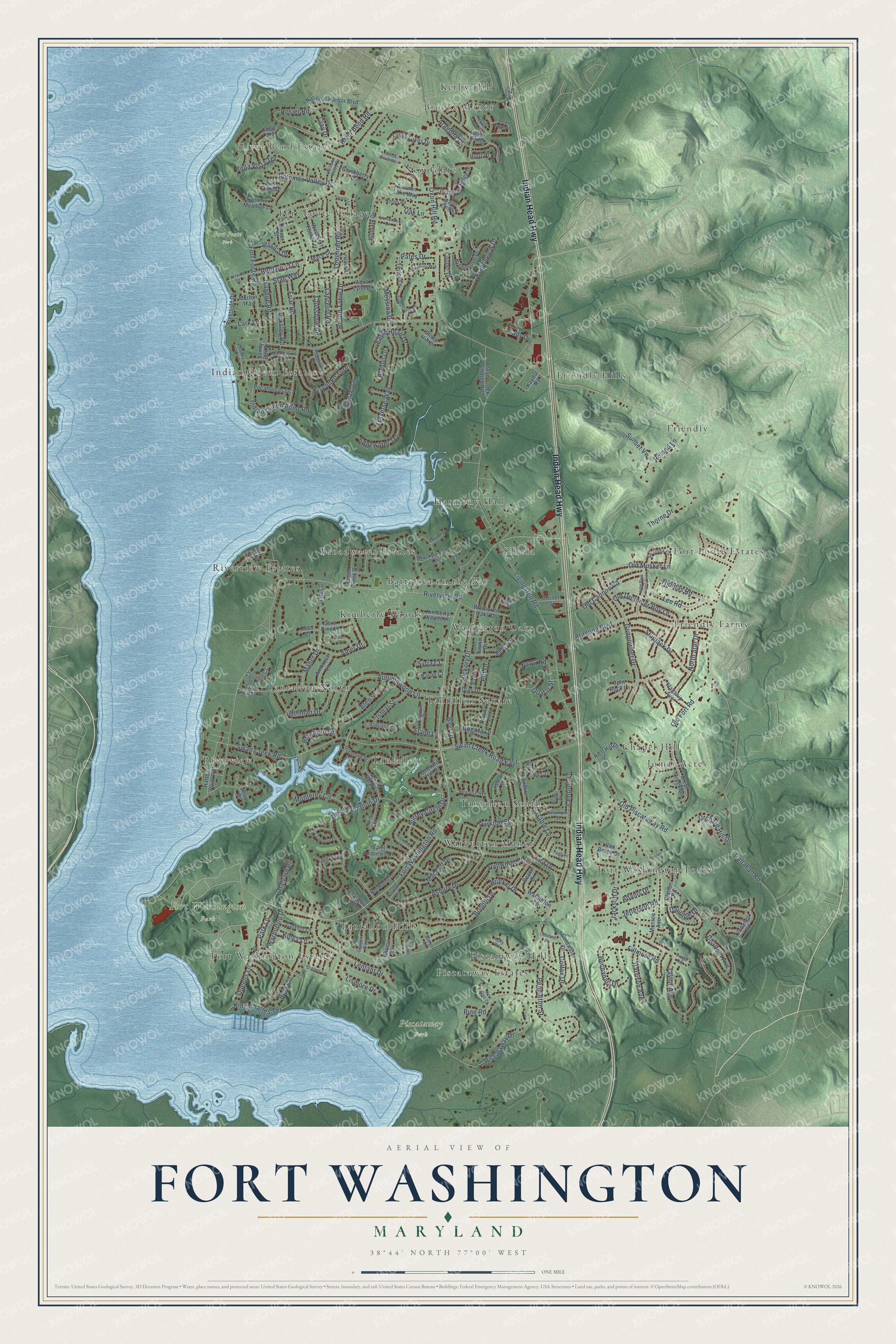 Full map of Fort Washington, Maryland, with red buildings, printed street names and the land around them