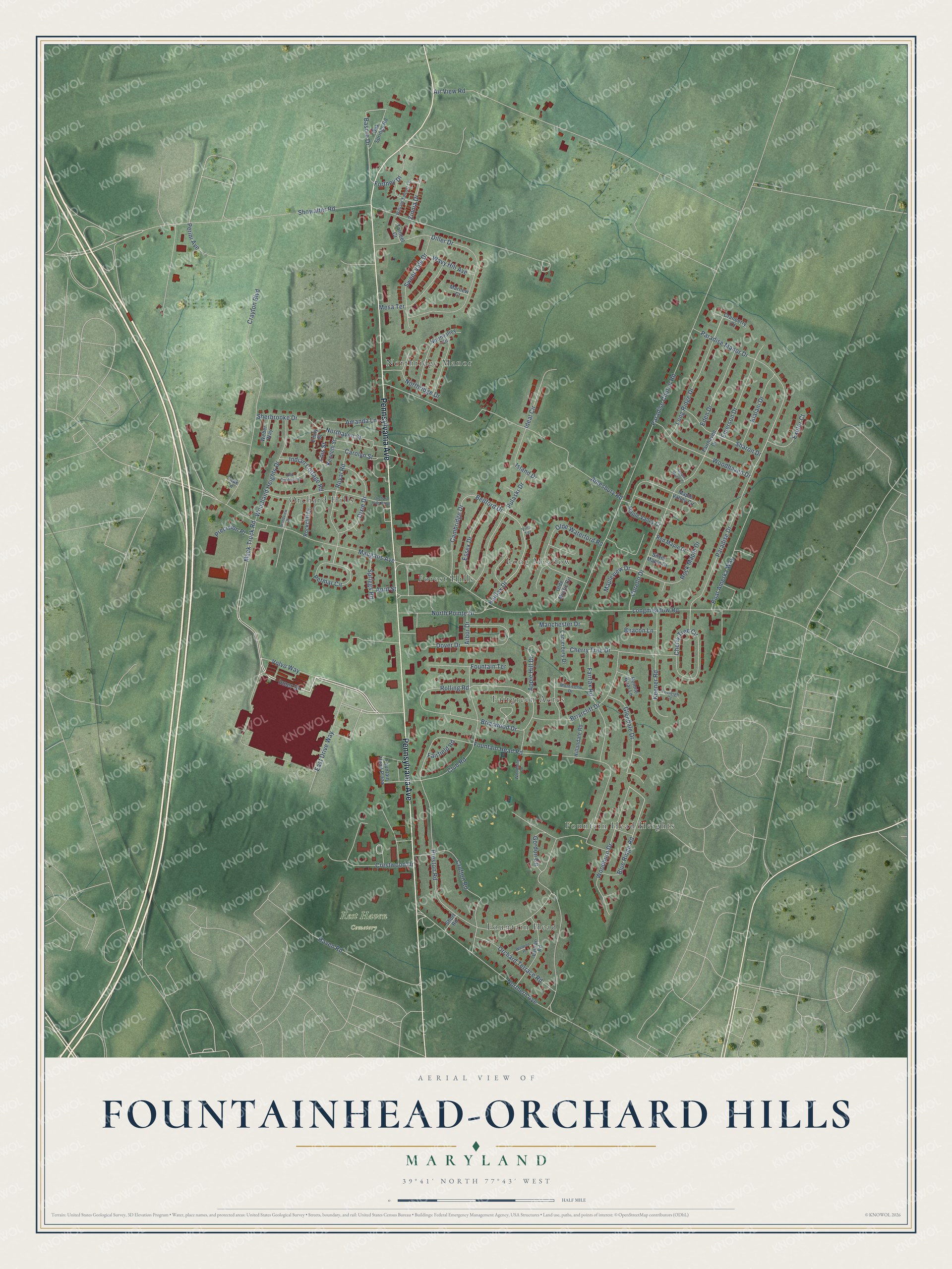 Full map of Fountainhead-Orchard Hills, Maryland, with red buildings, printed street names and the land around them