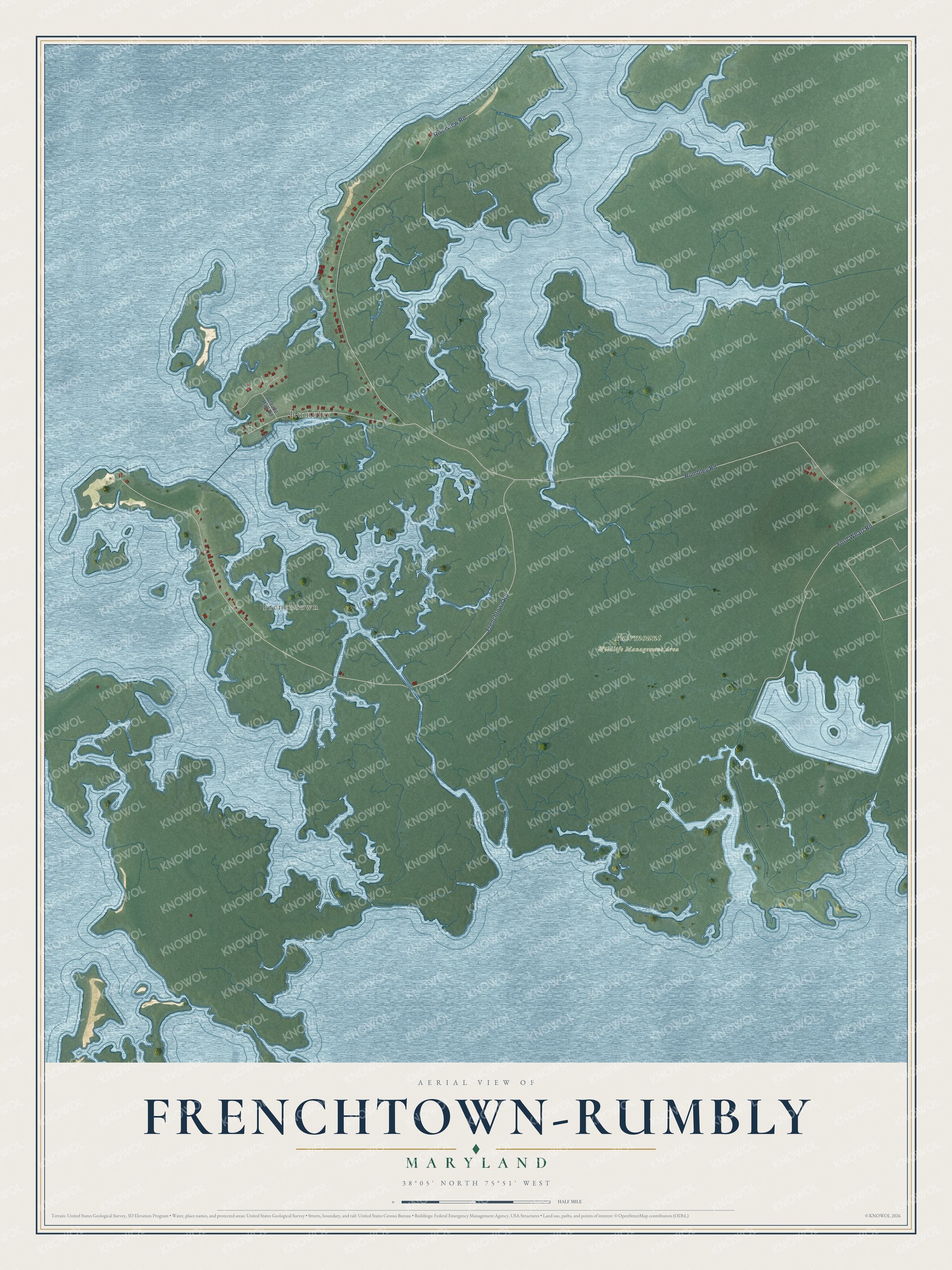 Full map of Frenchtown-Rumbly, Maryland, with red buildings, printed street names and the land around them