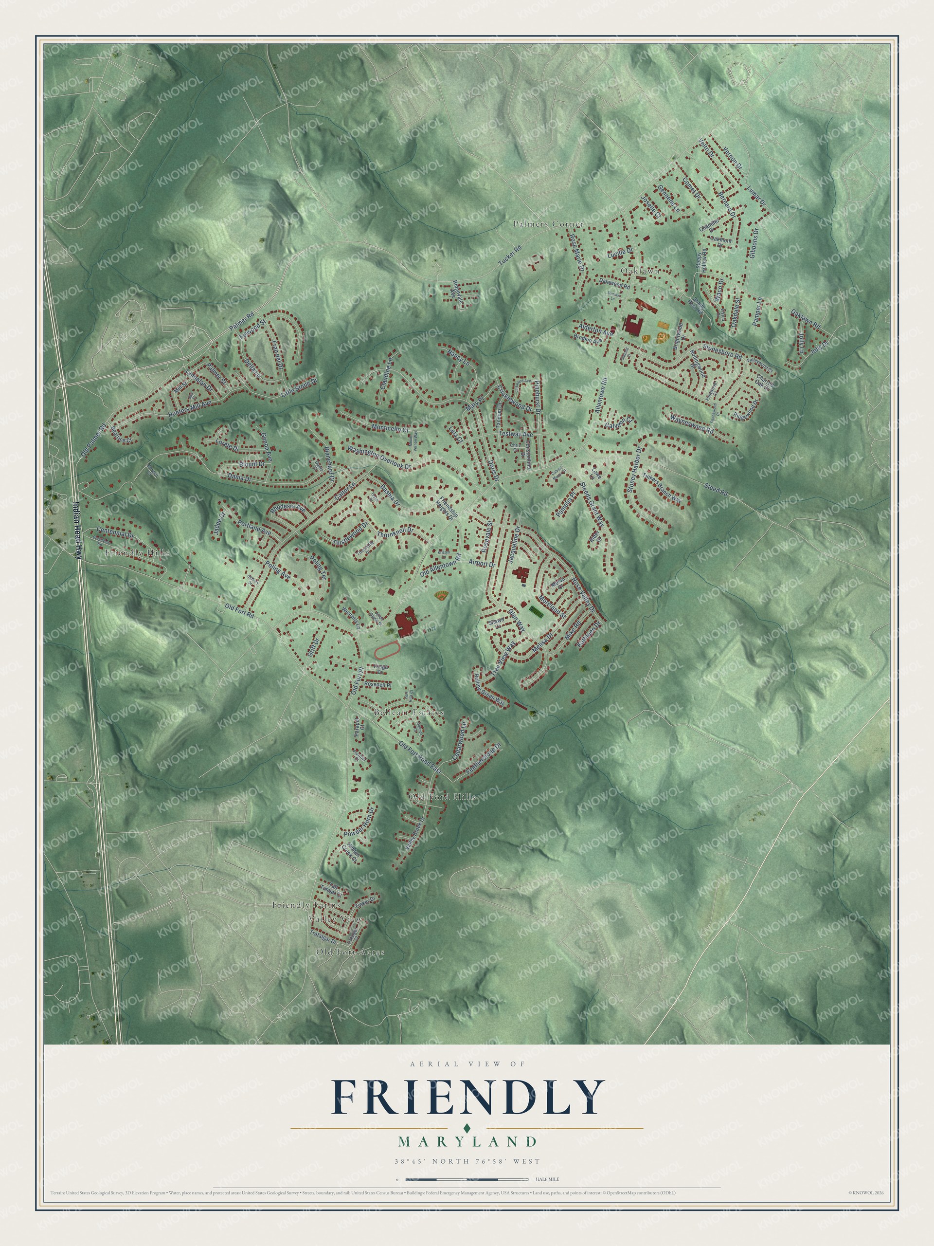 Full map of Friendly, Maryland, with red buildings, printed street names and the land around them