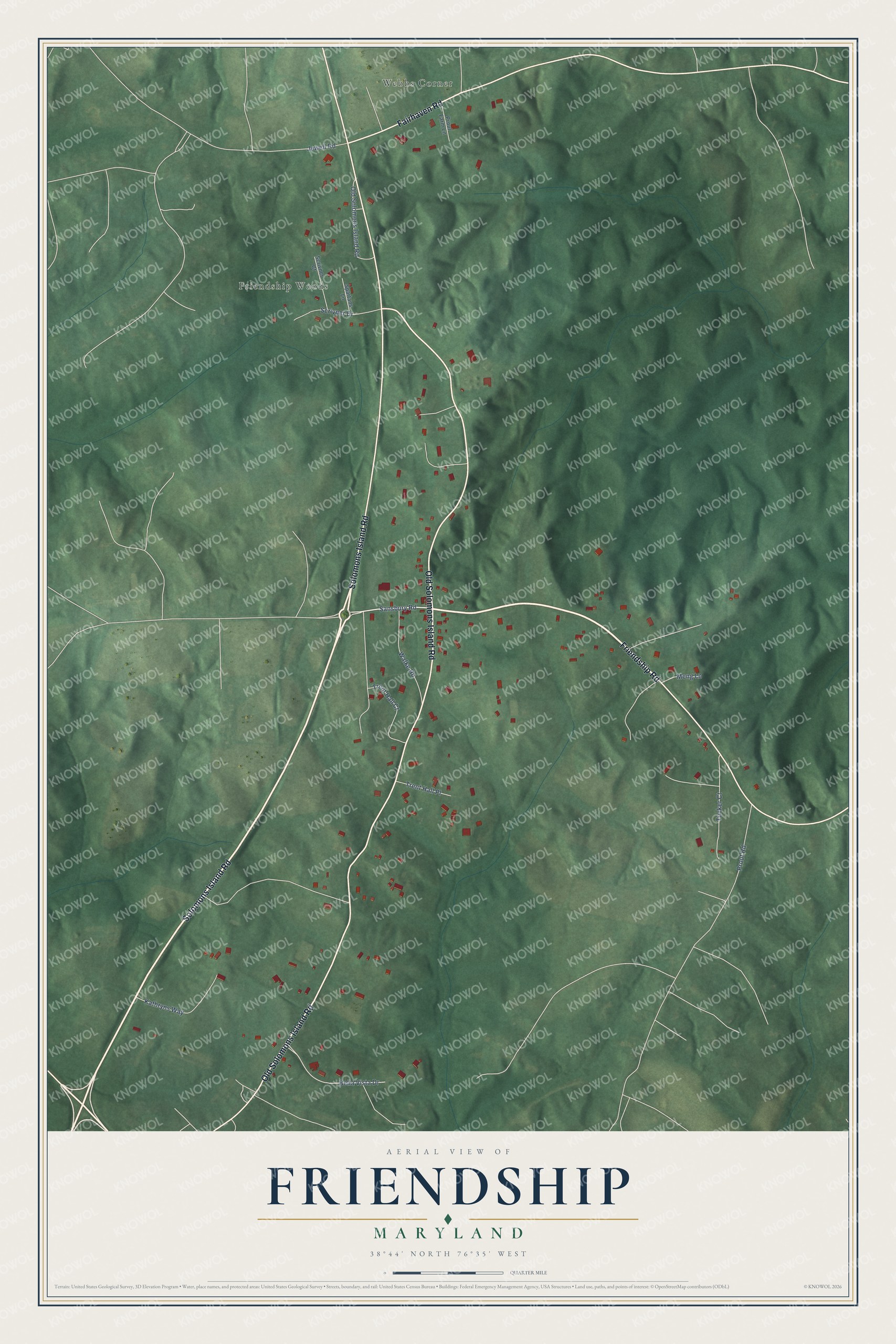Full map of Friendship, Maryland, with red buildings, printed street names and the land around them