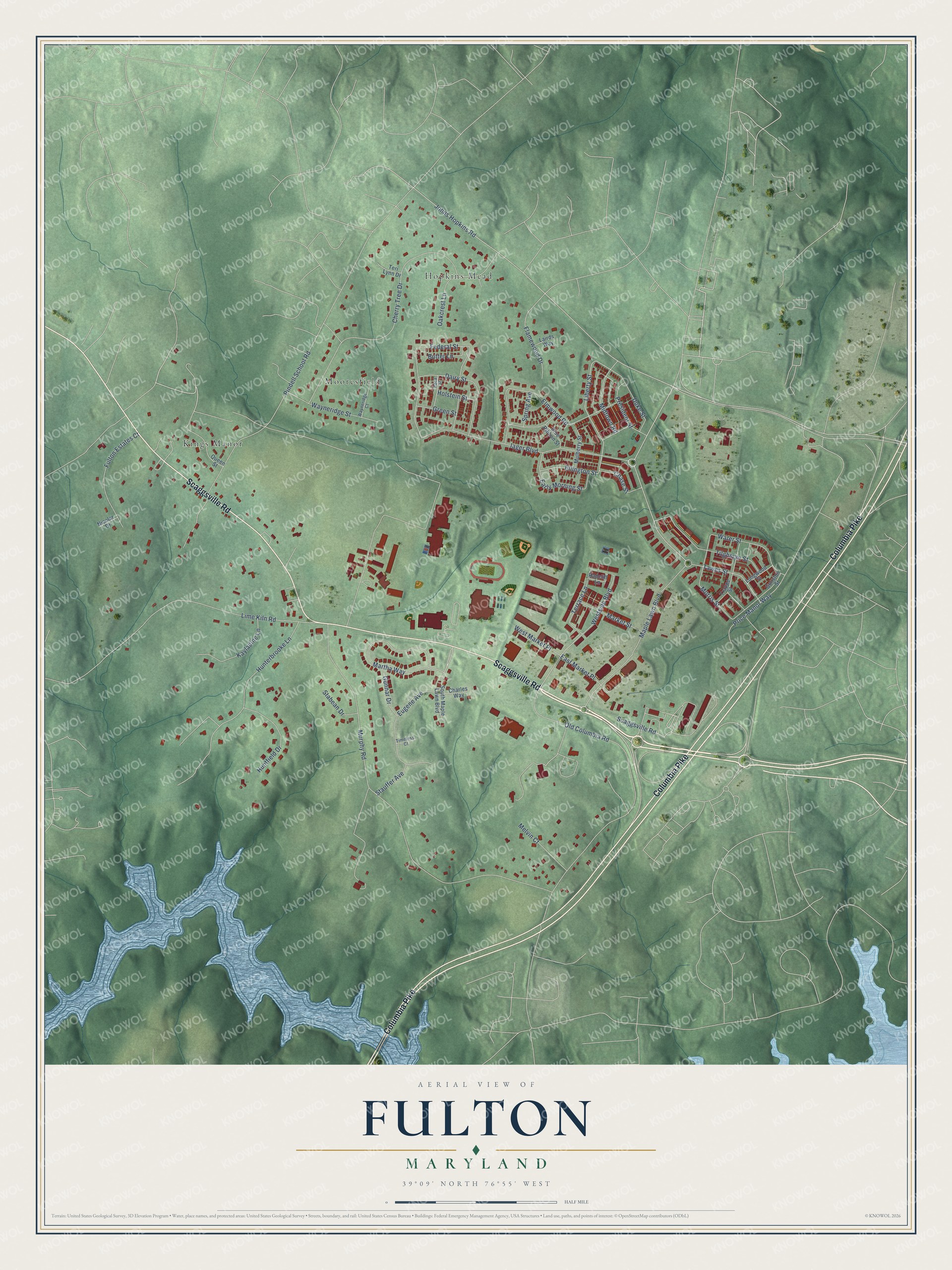 Full map of Fulton, Maryland, with red buildings, printed street names and the land around them