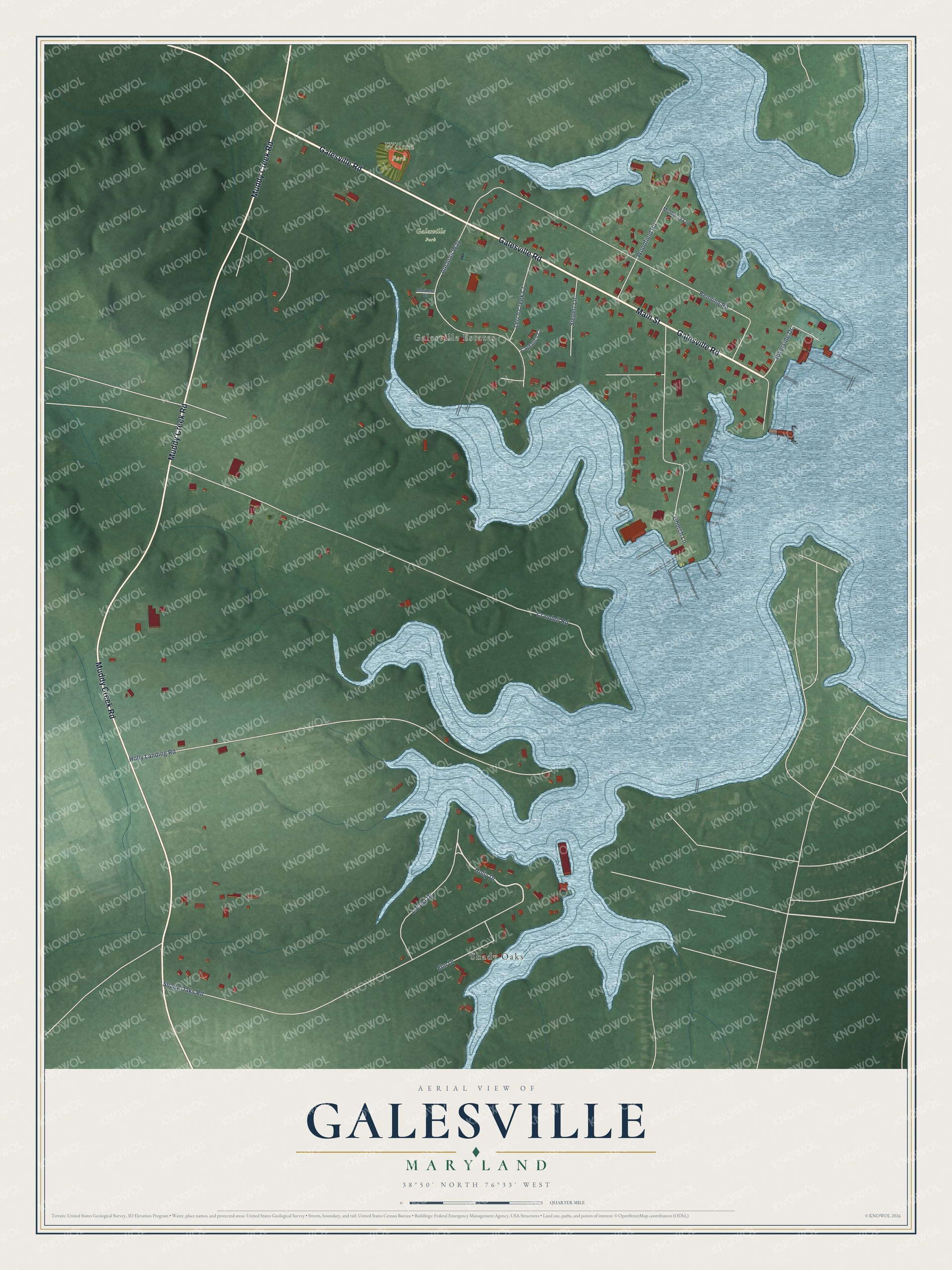 Full map of Galesville, Maryland, with red buildings, printed street names and the land around them