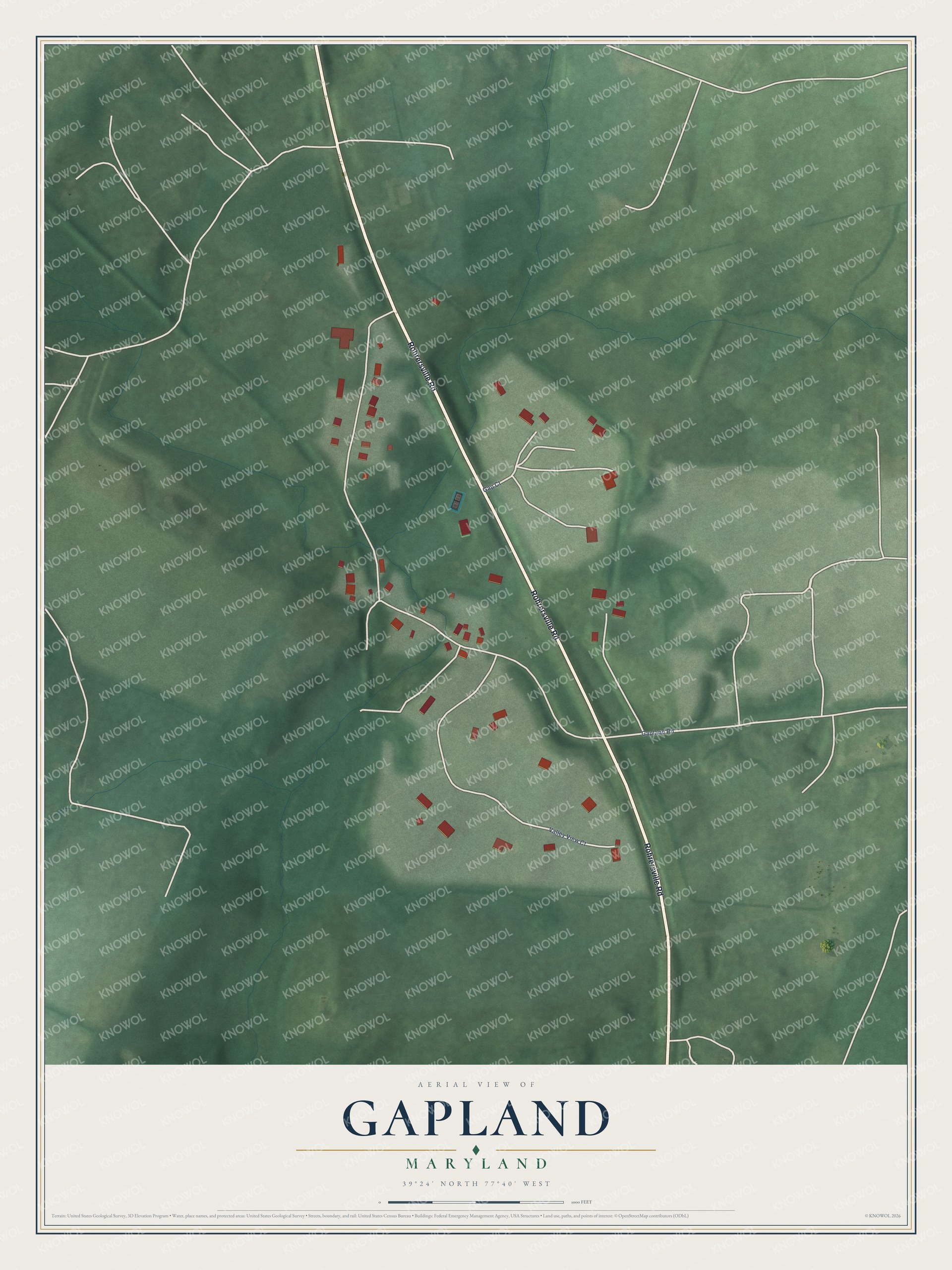 Full map of Gapland, Maryland, with red buildings, printed street names and the land around them