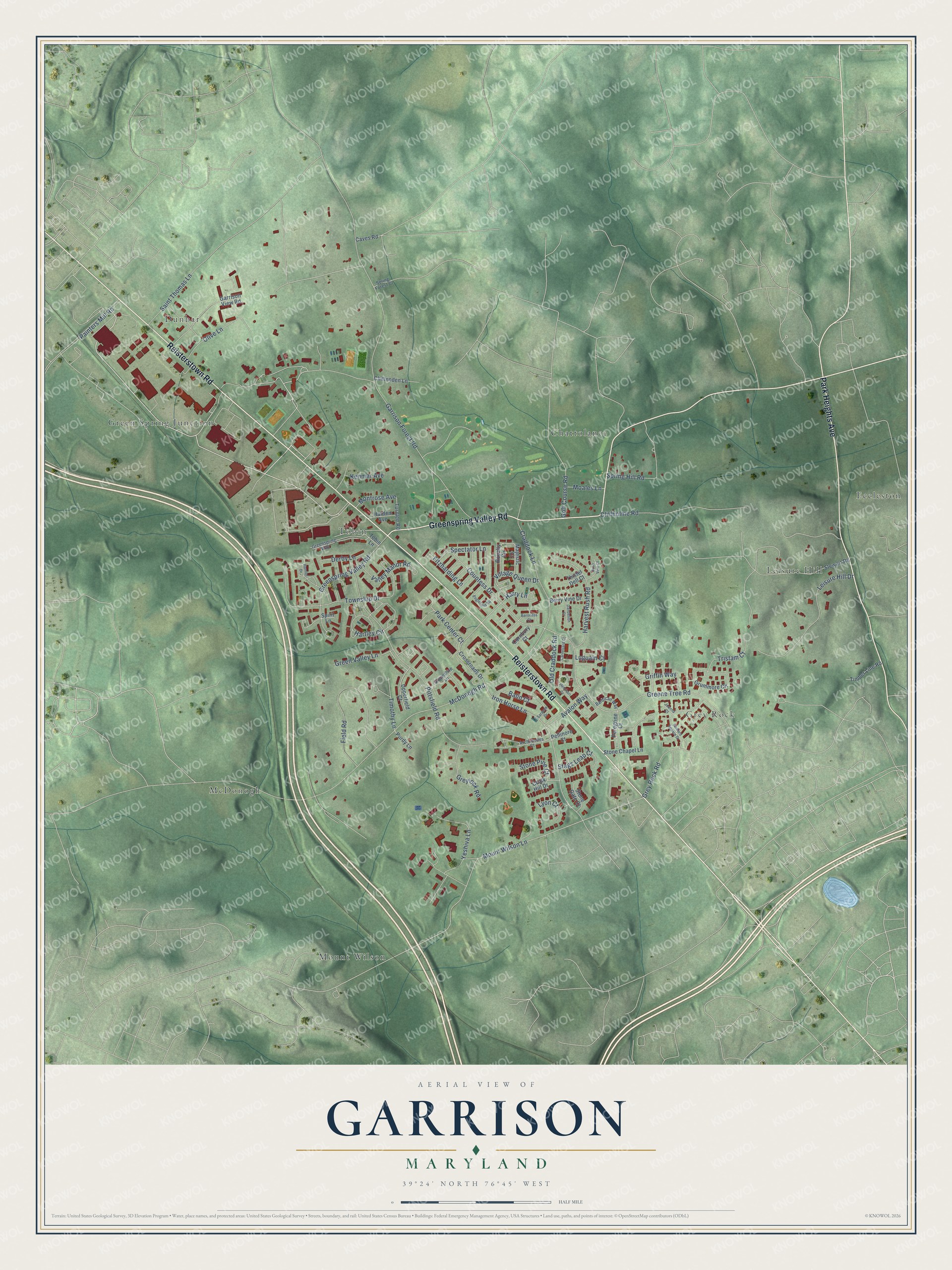 Full map of Garrison, Maryland, with red buildings, printed street names and the land around them