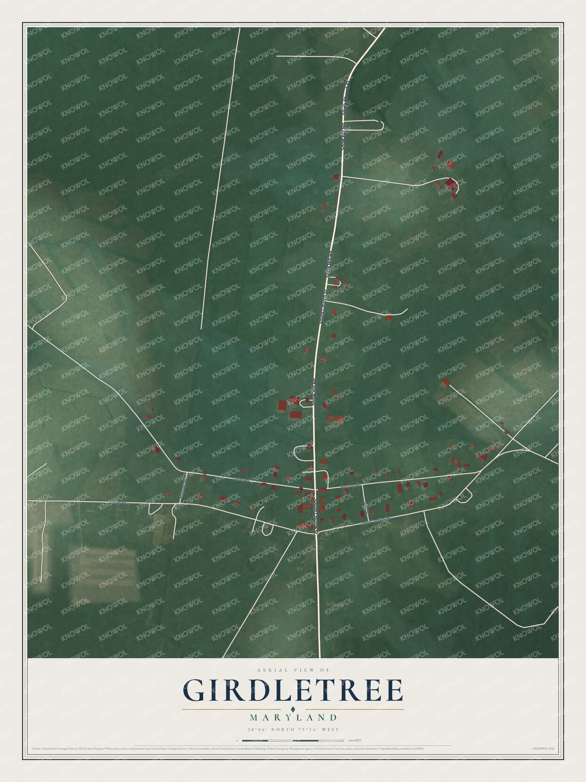 Full map of Girdletree, Maryland, with red buildings, printed street names and the land around them