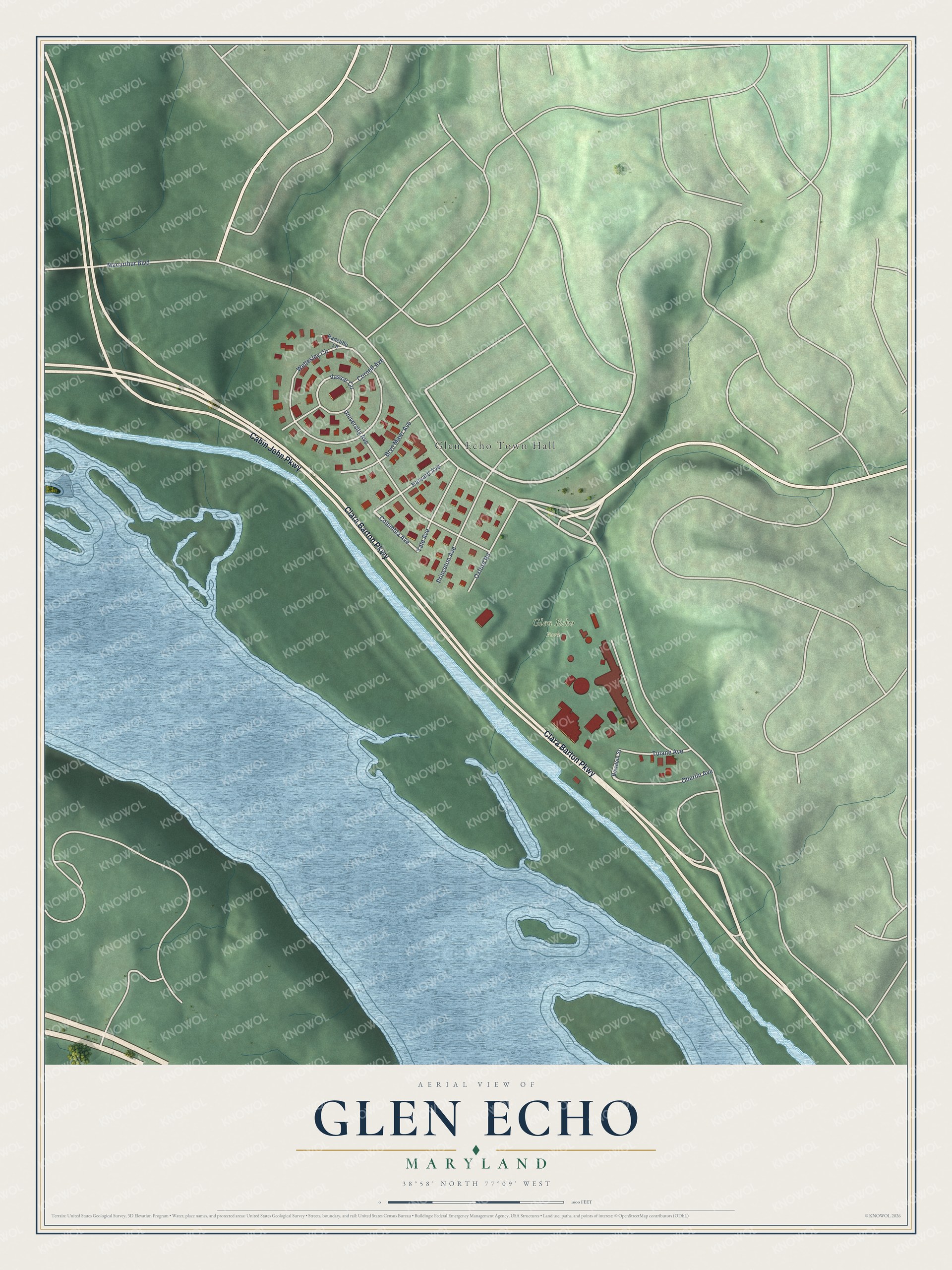 Full map of Glen Echo, Maryland, with red buildings, printed street names and the land around them