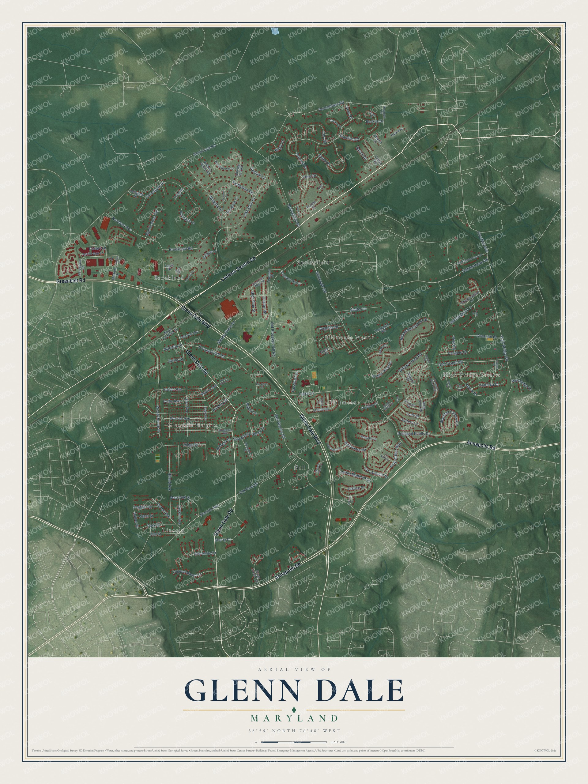 Full map of Glenn Dale, Maryland, with red buildings, printed street names and the land around them