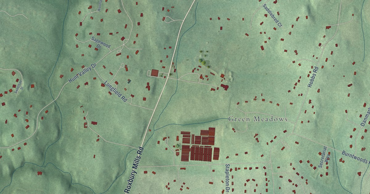 Close-up of streets and buildings in Glenwood, Maryland