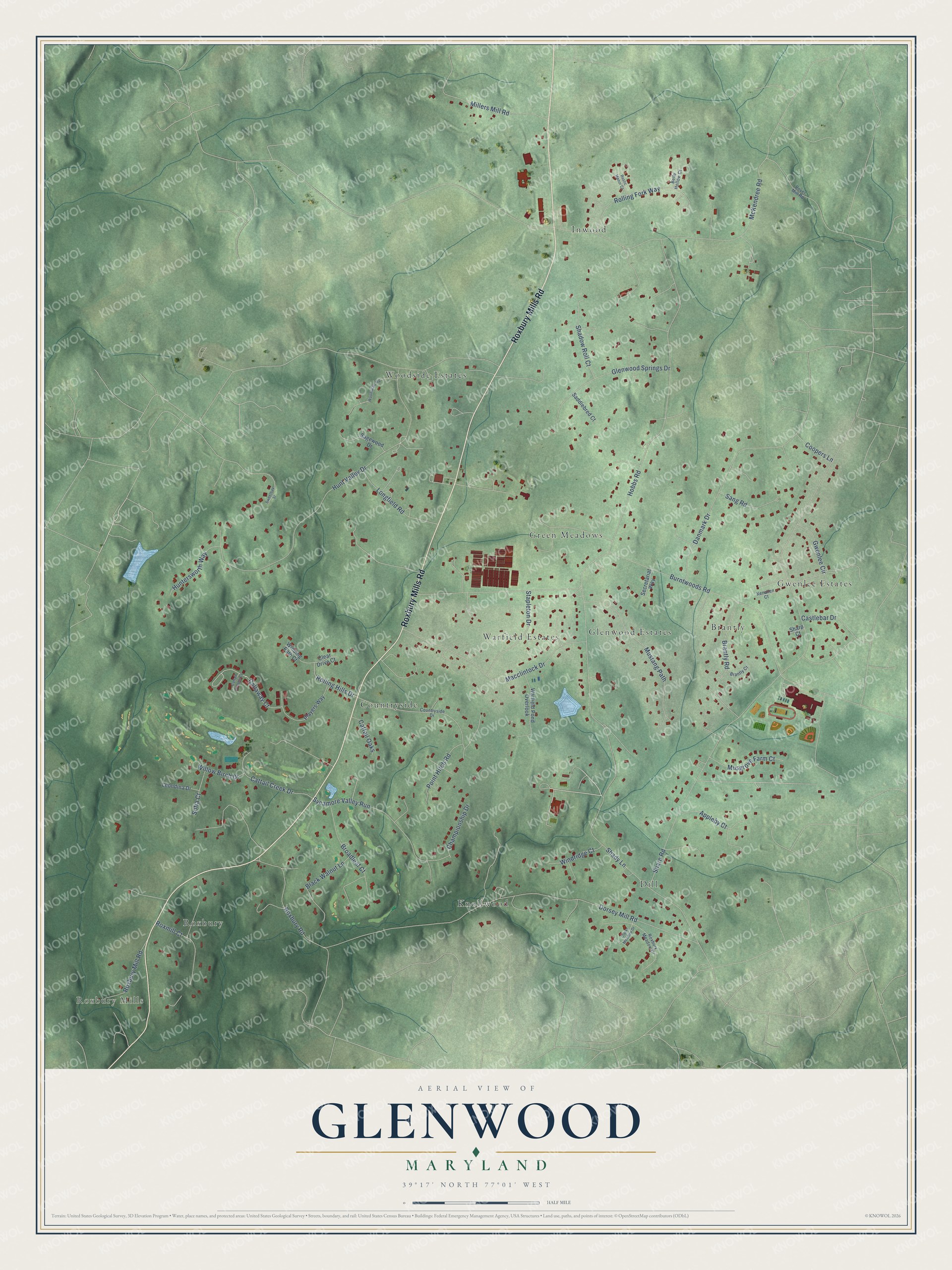 Full map of Glenwood, Maryland, with red buildings, printed street names and the land around them