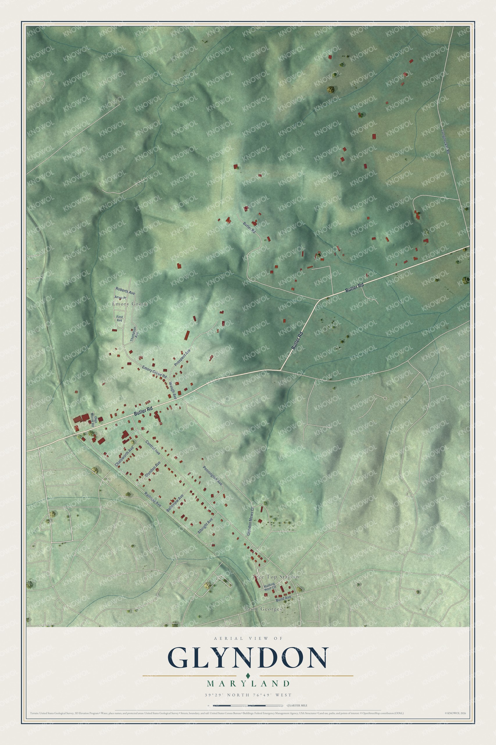 Full map of Glyndon, Maryland, with red buildings, printed street names and the land around them
