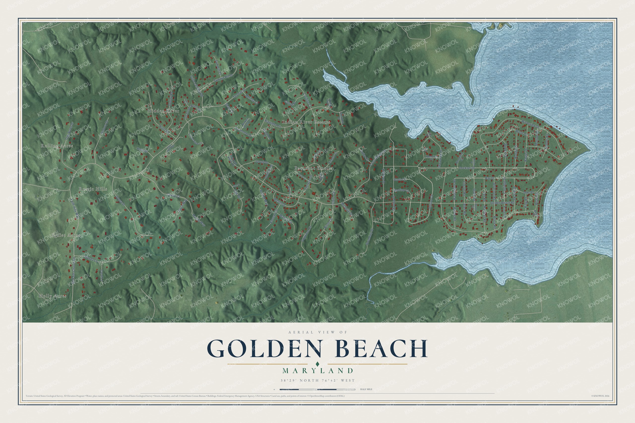 Full map of Golden Beach, Maryland, with red buildings, printed street names and the land around them