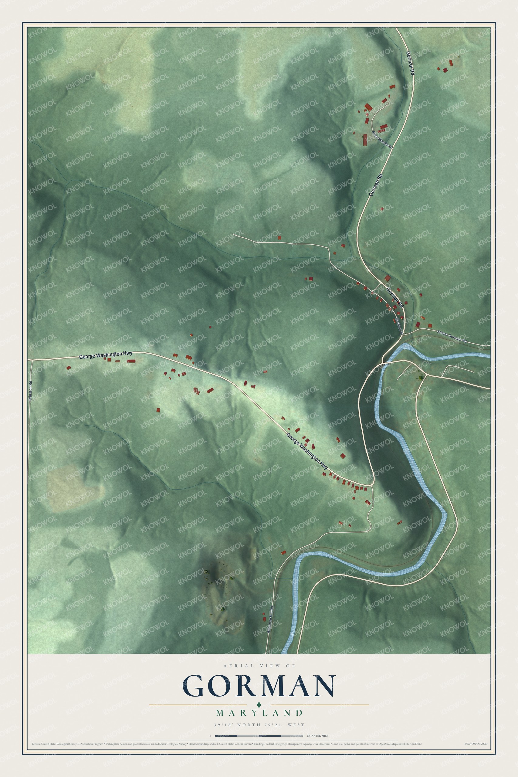 Full map of Gorman, Maryland, with red buildings, printed street names and the land around them