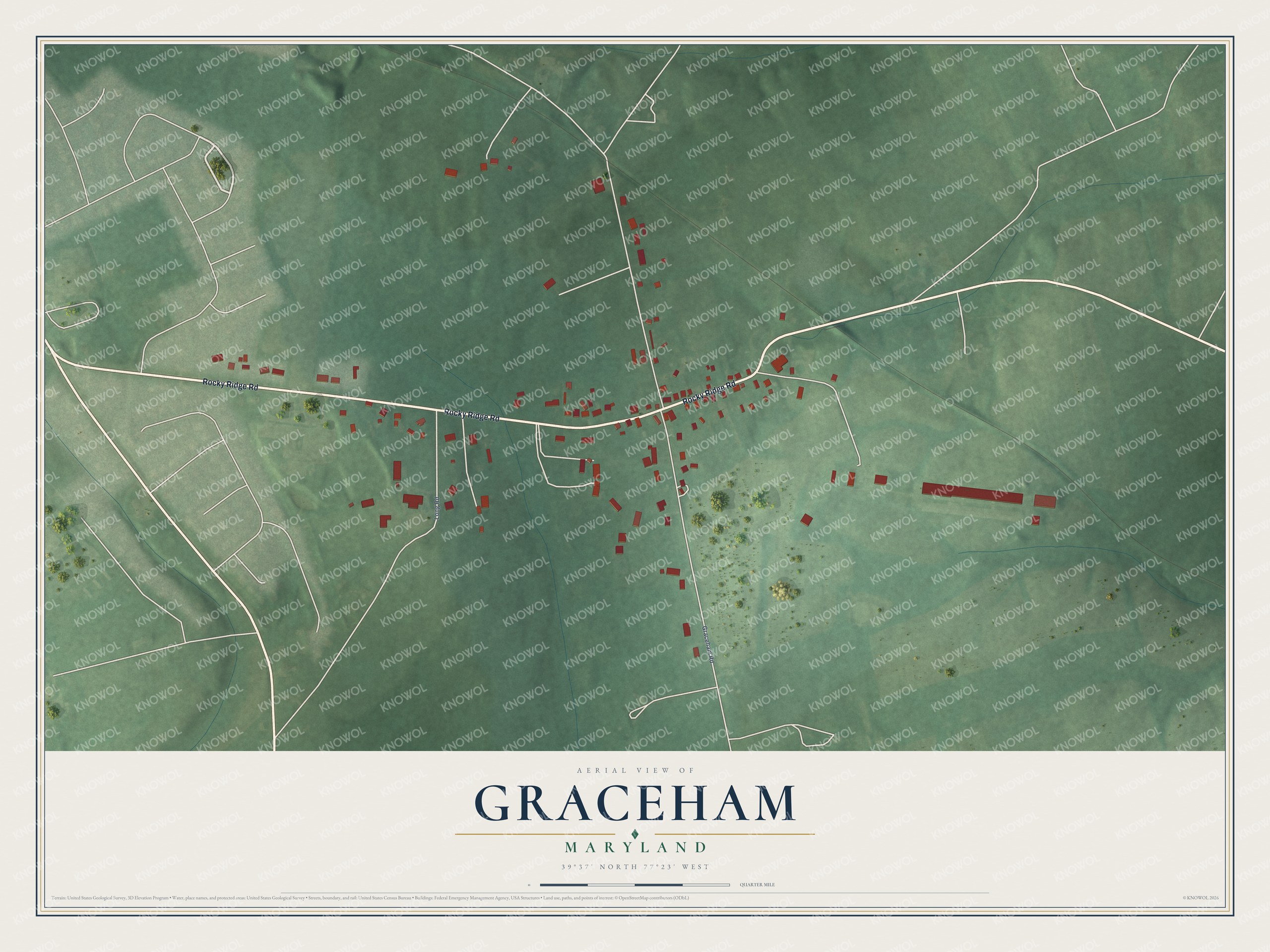 Full map of Graceham, Maryland, with red buildings, printed street names and the land around them