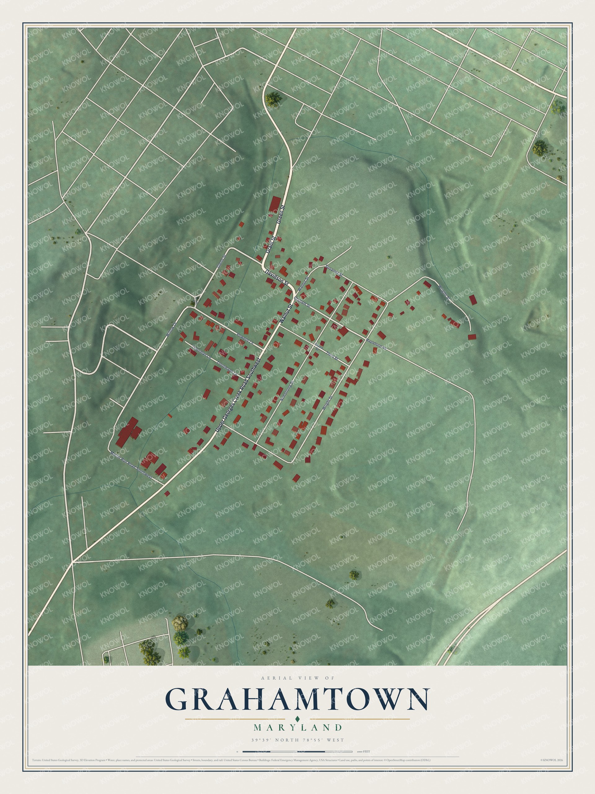 Full map of Grahamtown, Maryland, with red buildings, printed street names and the land around them