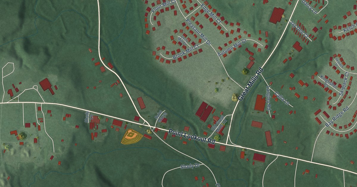 Close-up of streets and buildings in Great Mills, Maryland