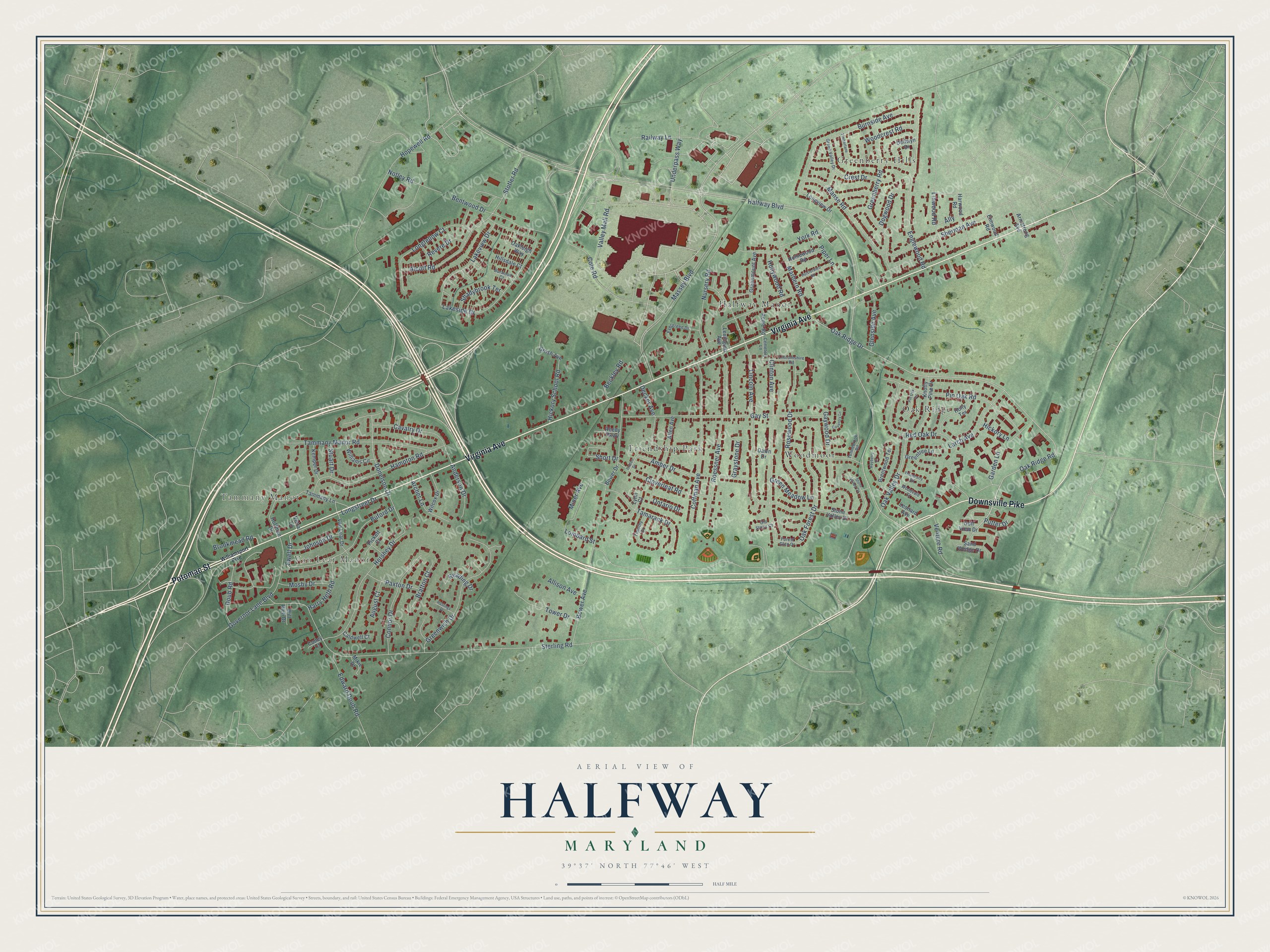 Full map of Halfway, Maryland, with red buildings, printed street names and the land around them