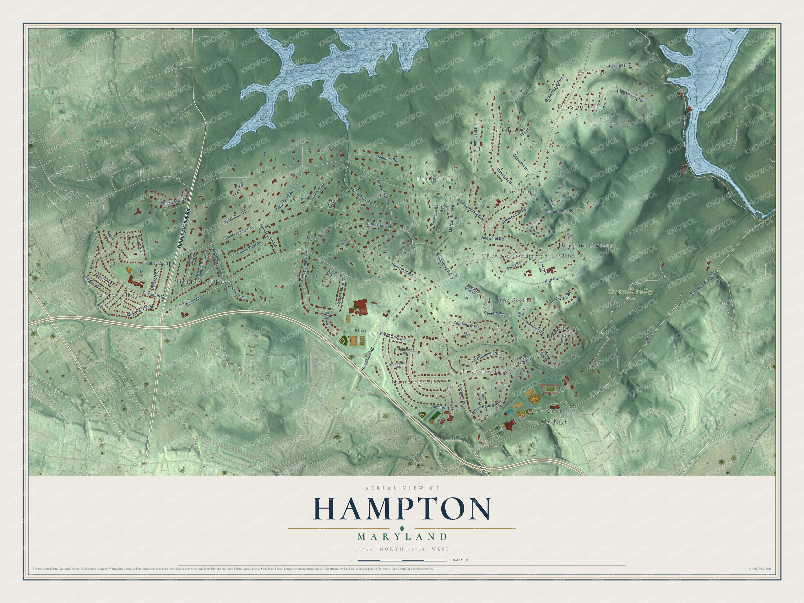 Full map of Hampton, Maryland, with red buildings, printed street names and the land around them
