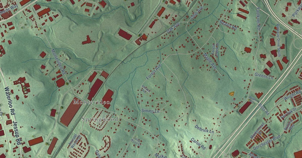 Close-up of streets and buildings in Hanover Hills, Maryland