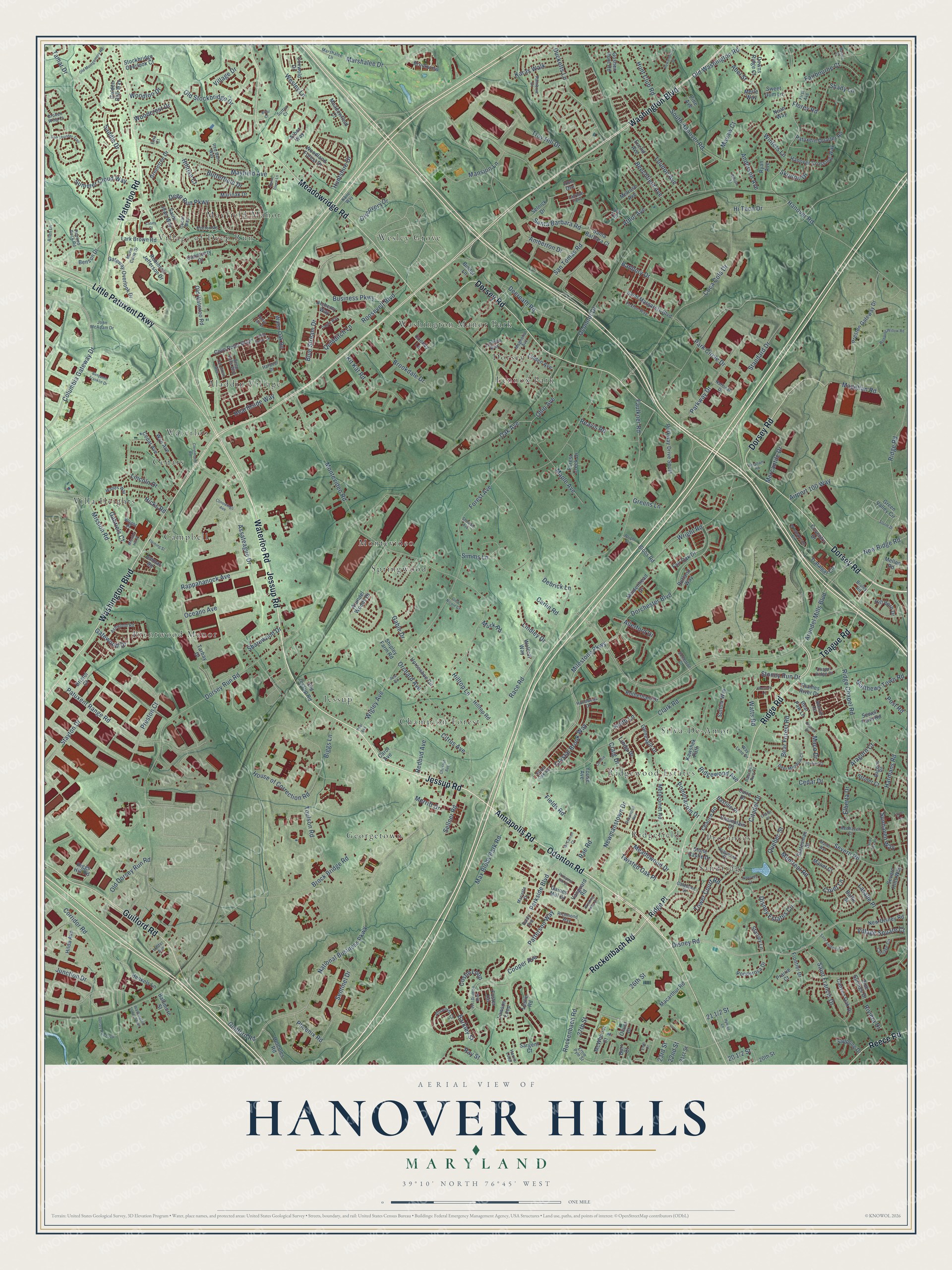 Full map of Hanover Hills, Maryland, with red buildings, printed street names and the land around them