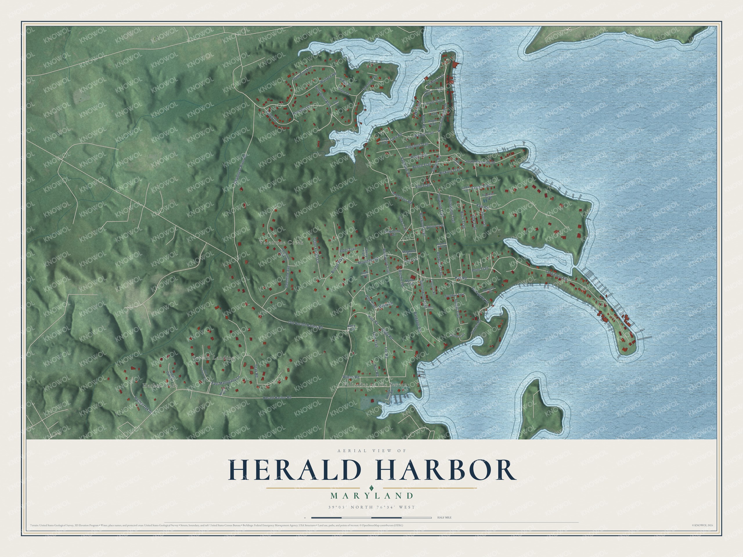 Full map of Herald Harbor, Maryland, with red buildings, printed street names and the land around them