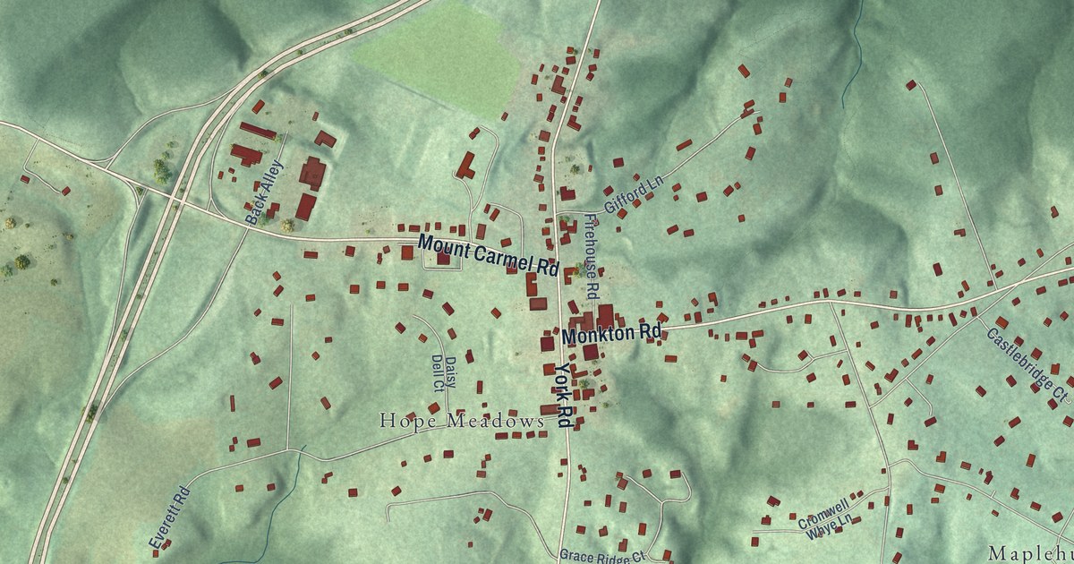 Close-up of streets and buildings in Hereford, Maryland