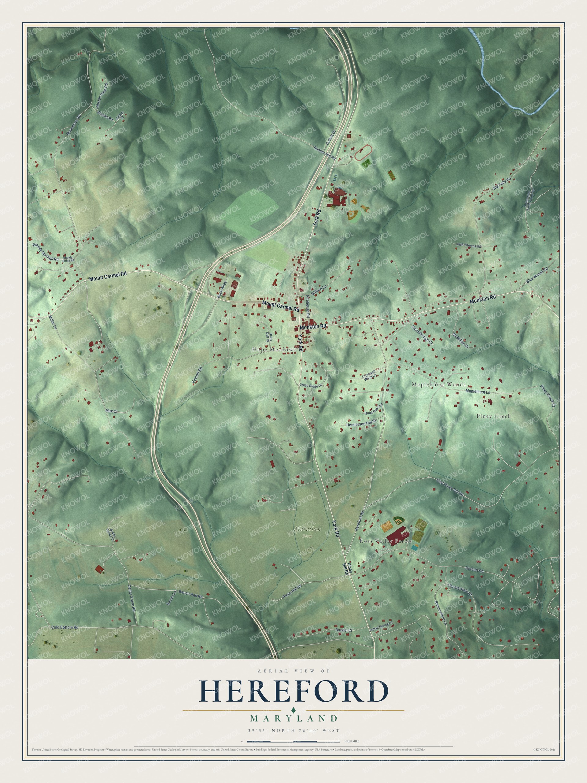 Full map of Hereford, Maryland, with red buildings, printed street names and the land around them