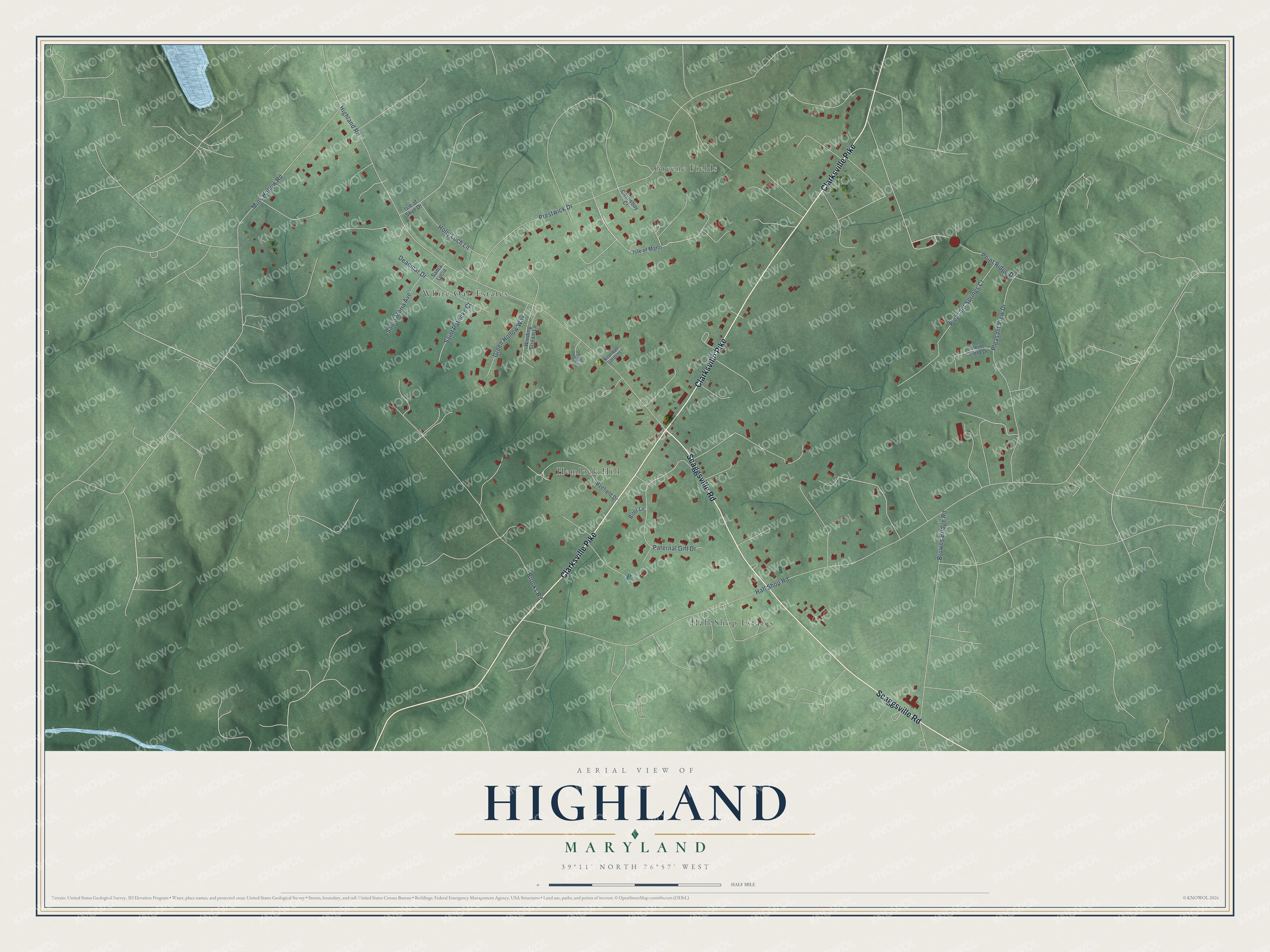 Full map of Highland, Maryland, with red buildings, printed street names and the land around them