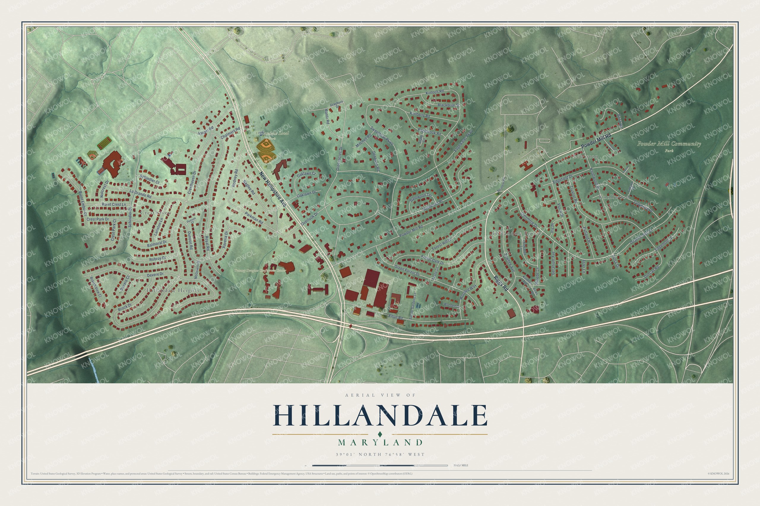 Full map of Hillandale, Maryland, with red buildings, printed street names and the land around them