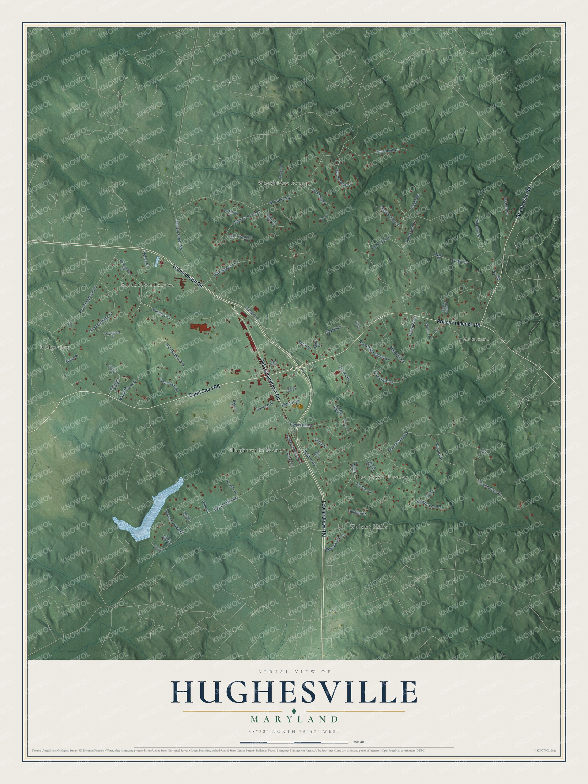 Full map of Hughesville, Maryland, with red buildings, printed street names and the land around them