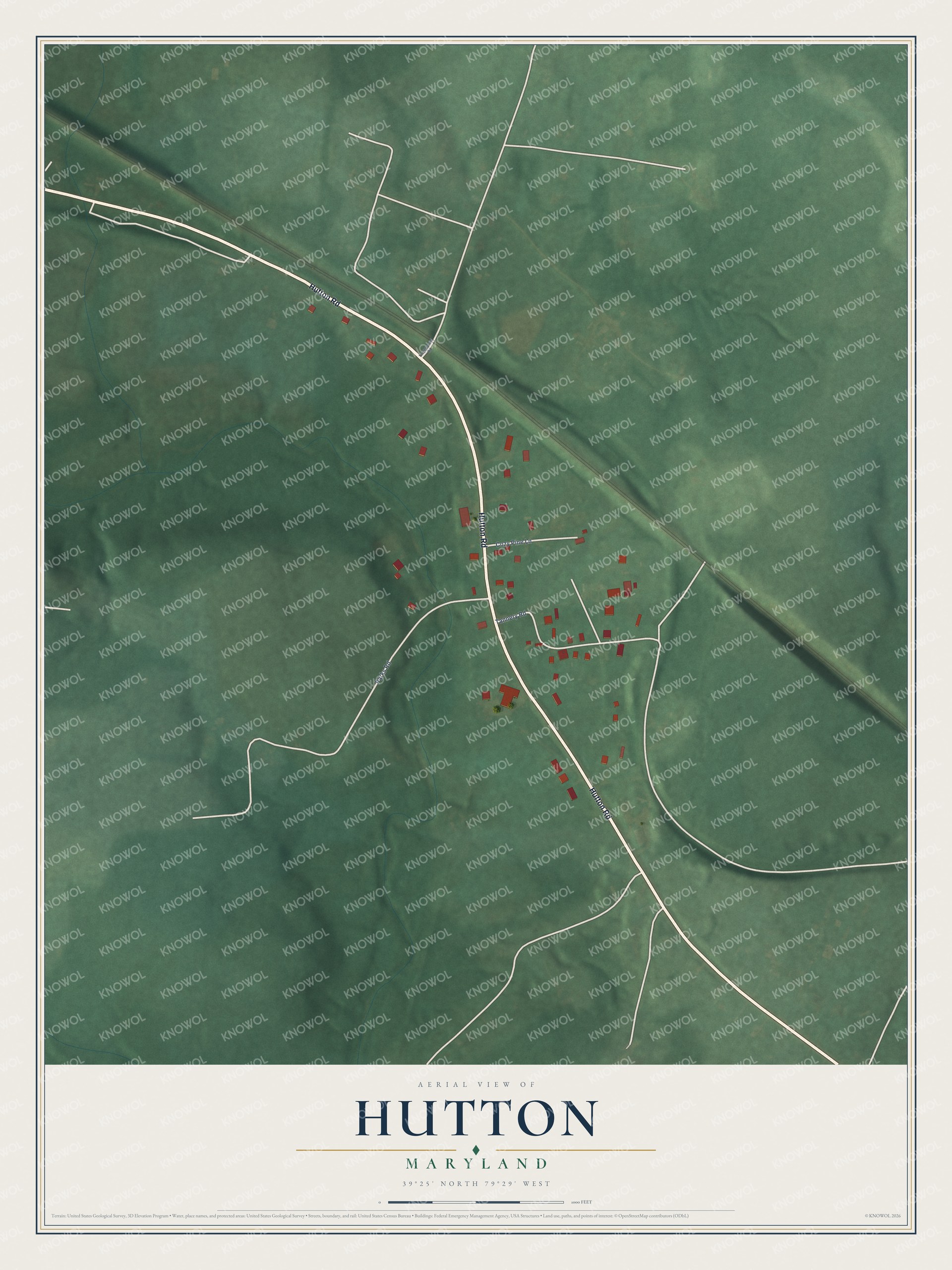 Full map of Hutton, Maryland, with red buildings, printed street names and the land around them