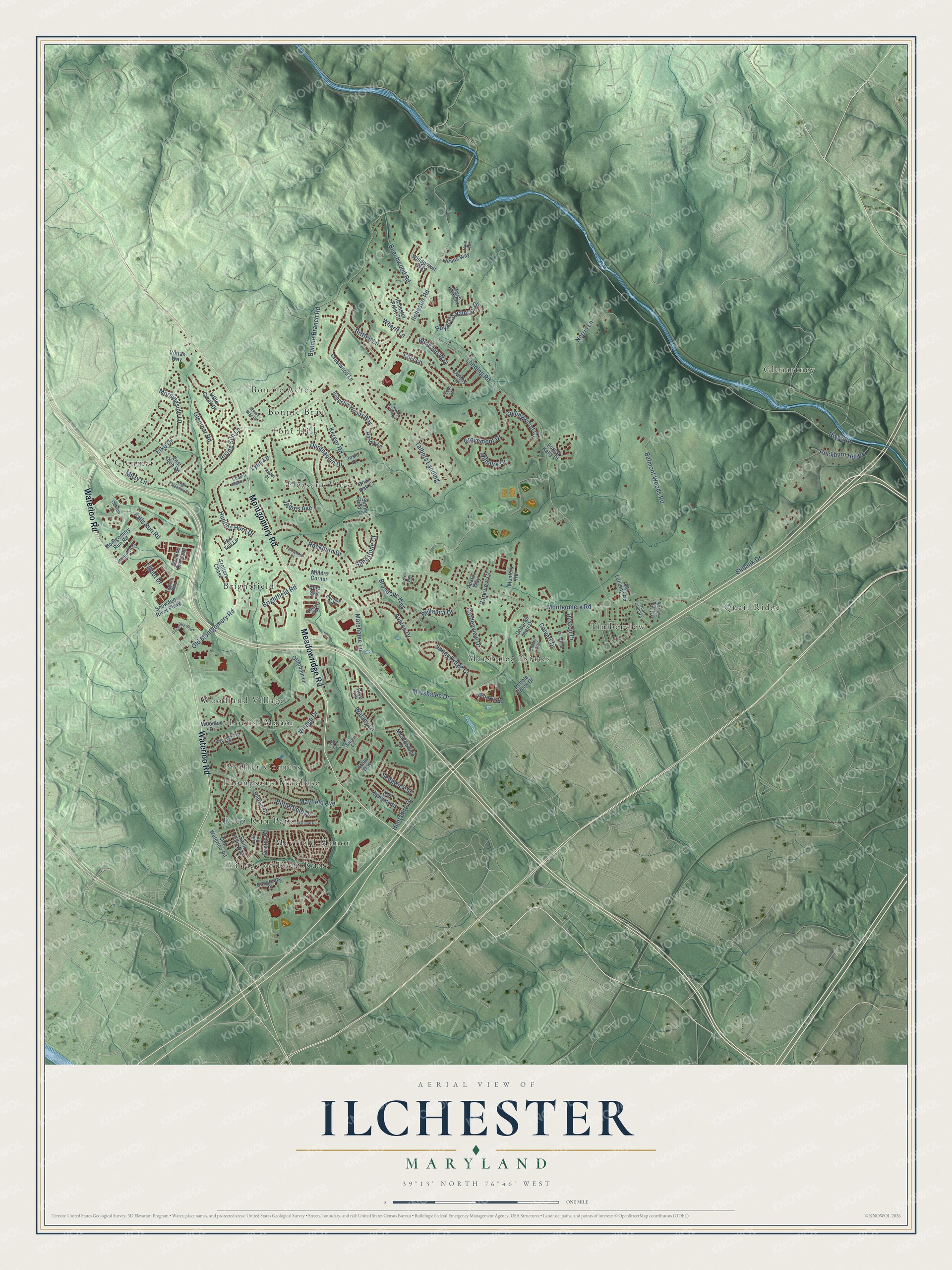 Full map of Ilchester, Maryland, with red buildings, printed street names and the land around them