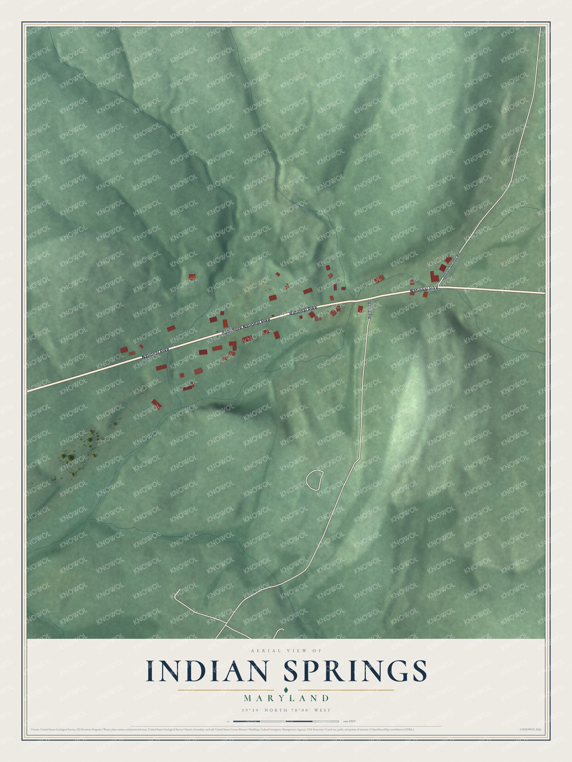 Full map of Indian Springs, Maryland, with red buildings, printed street names and the land around them