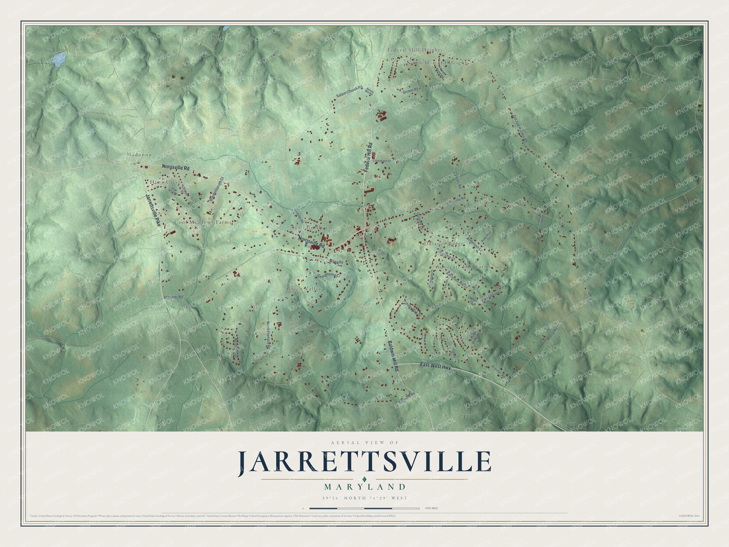 Full map of Jarrettsville, Maryland, with red buildings, printed street names and the land around them