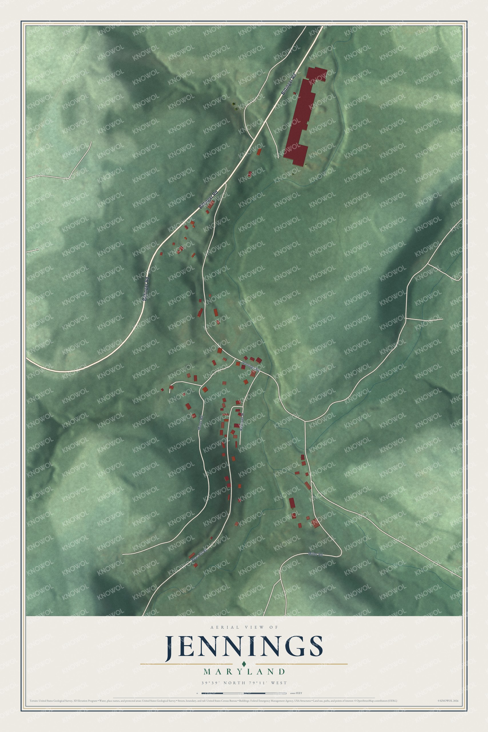 Full map of Jennings, Maryland, with red buildings, printed street names and the land around them