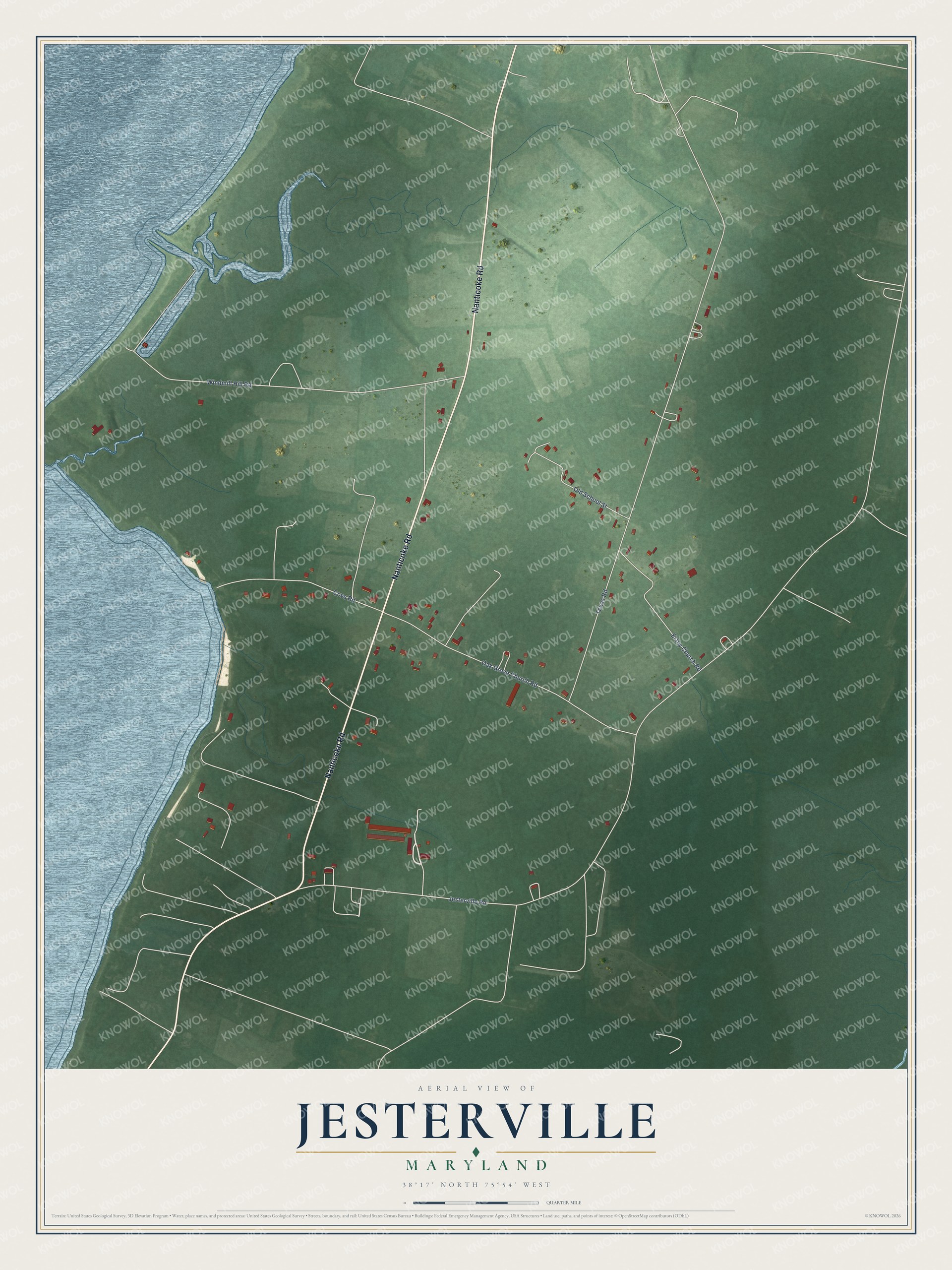 Full map of Jesterville, Maryland, with red buildings, printed street names and the land around them