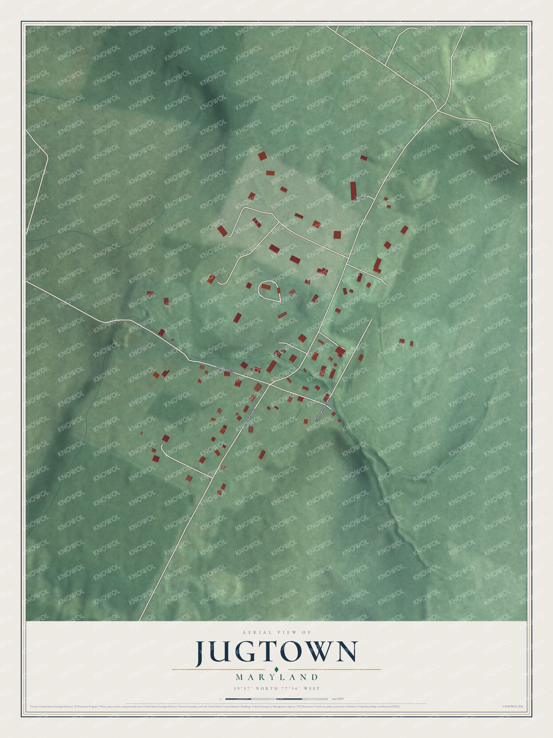 Full map of Jugtown, Maryland, with red buildings, printed street names and the land around them