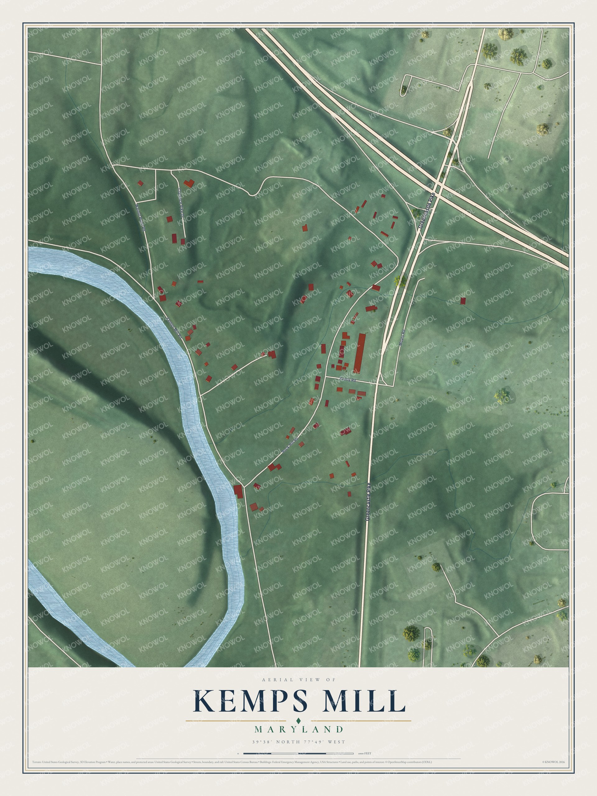 Full map of Kemps Mill, Maryland, with red buildings, printed street names and the land around them