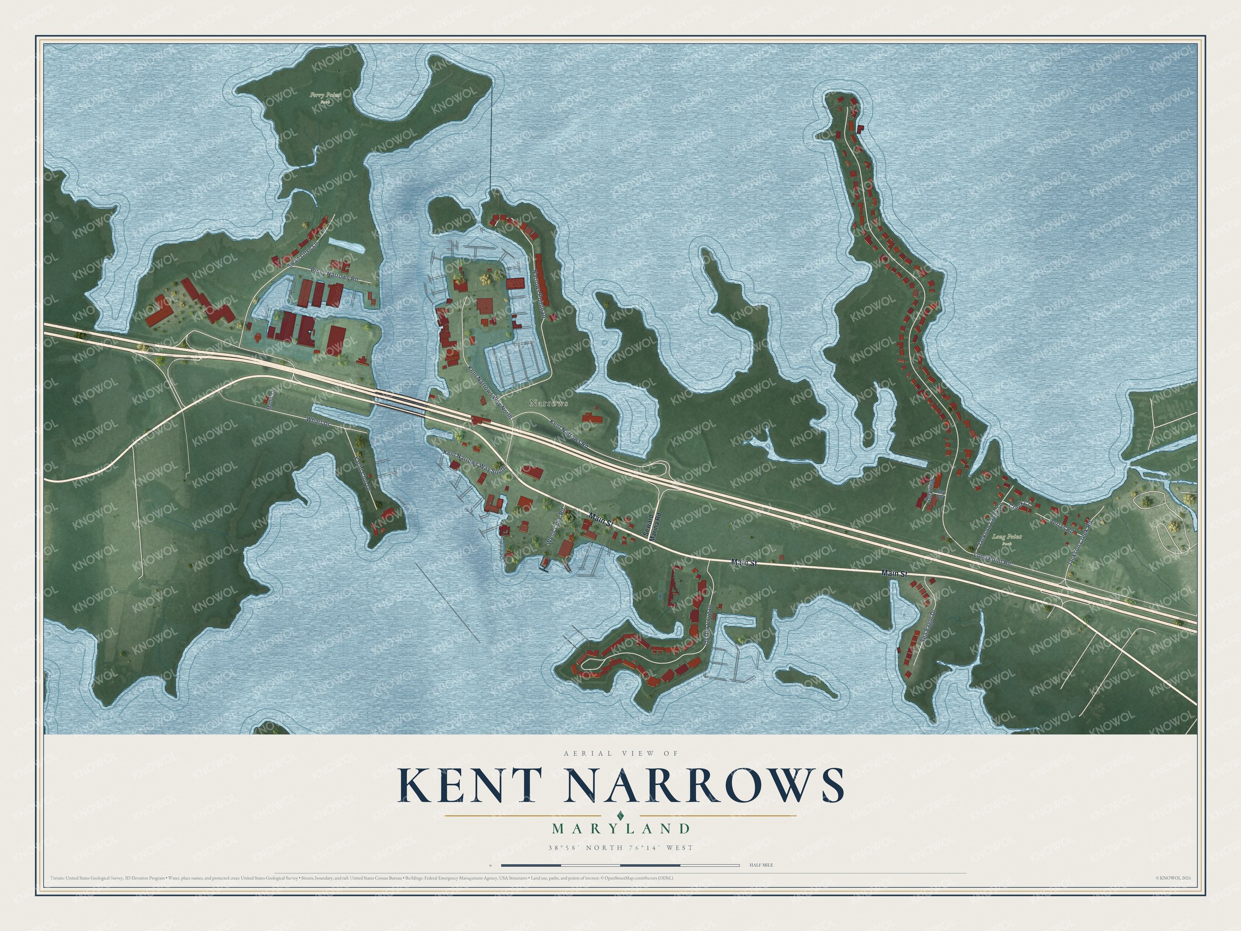 Full map of Kent Narrows, Maryland, with red buildings, printed street names and the land around them