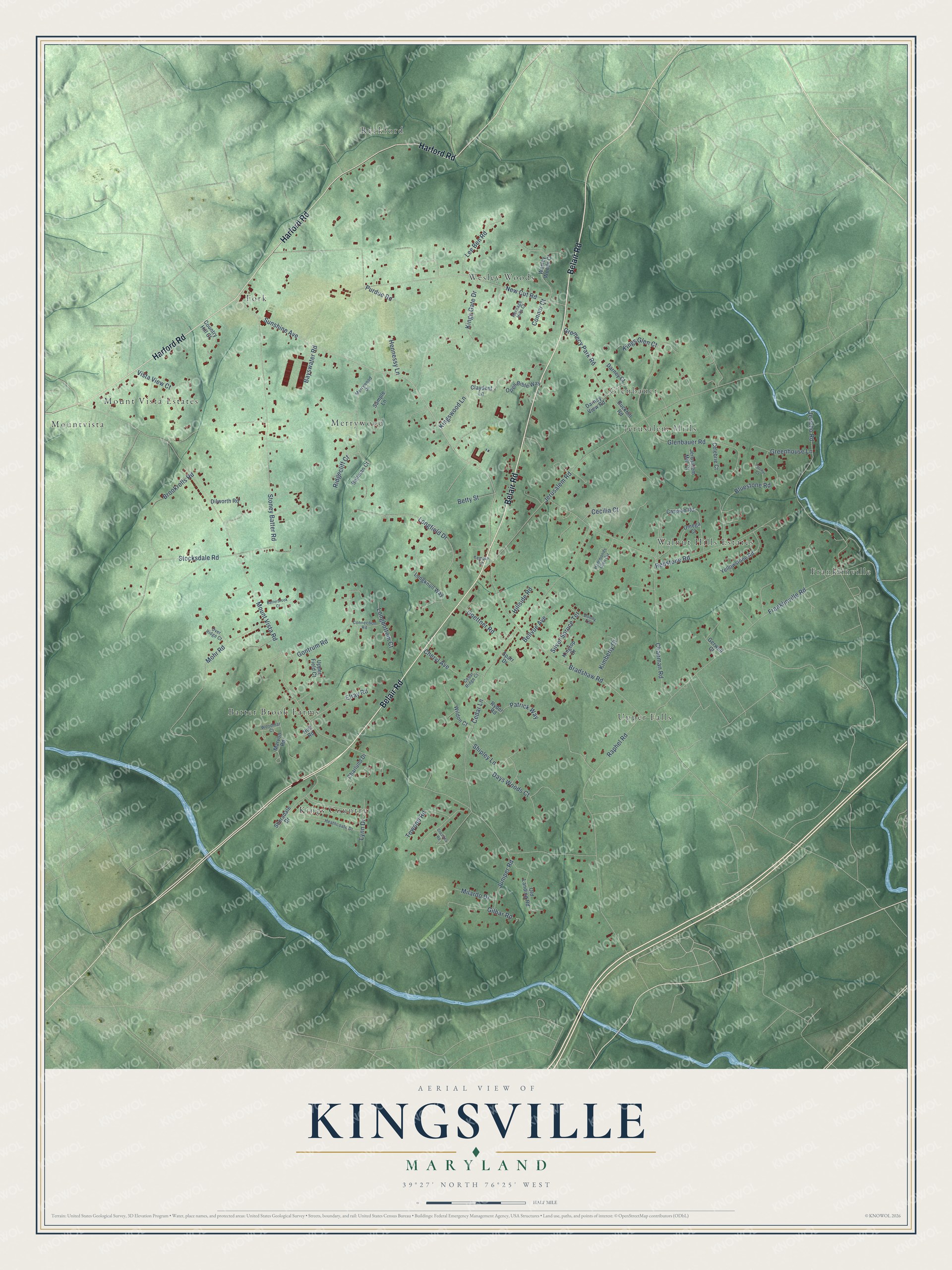 Full map of Kingsville, Maryland, with red buildings, printed street names and the land around them