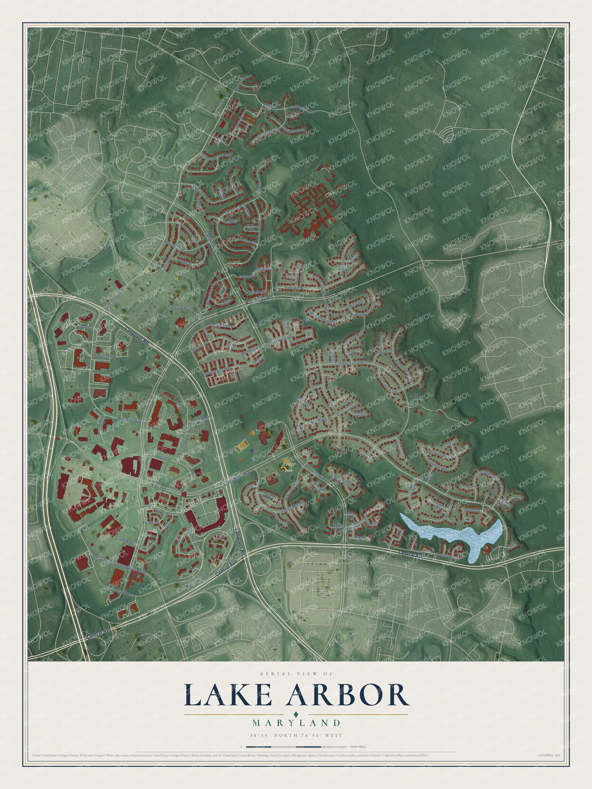 Full map of Lake Arbor, Maryland, with red buildings, printed street names and the land around them