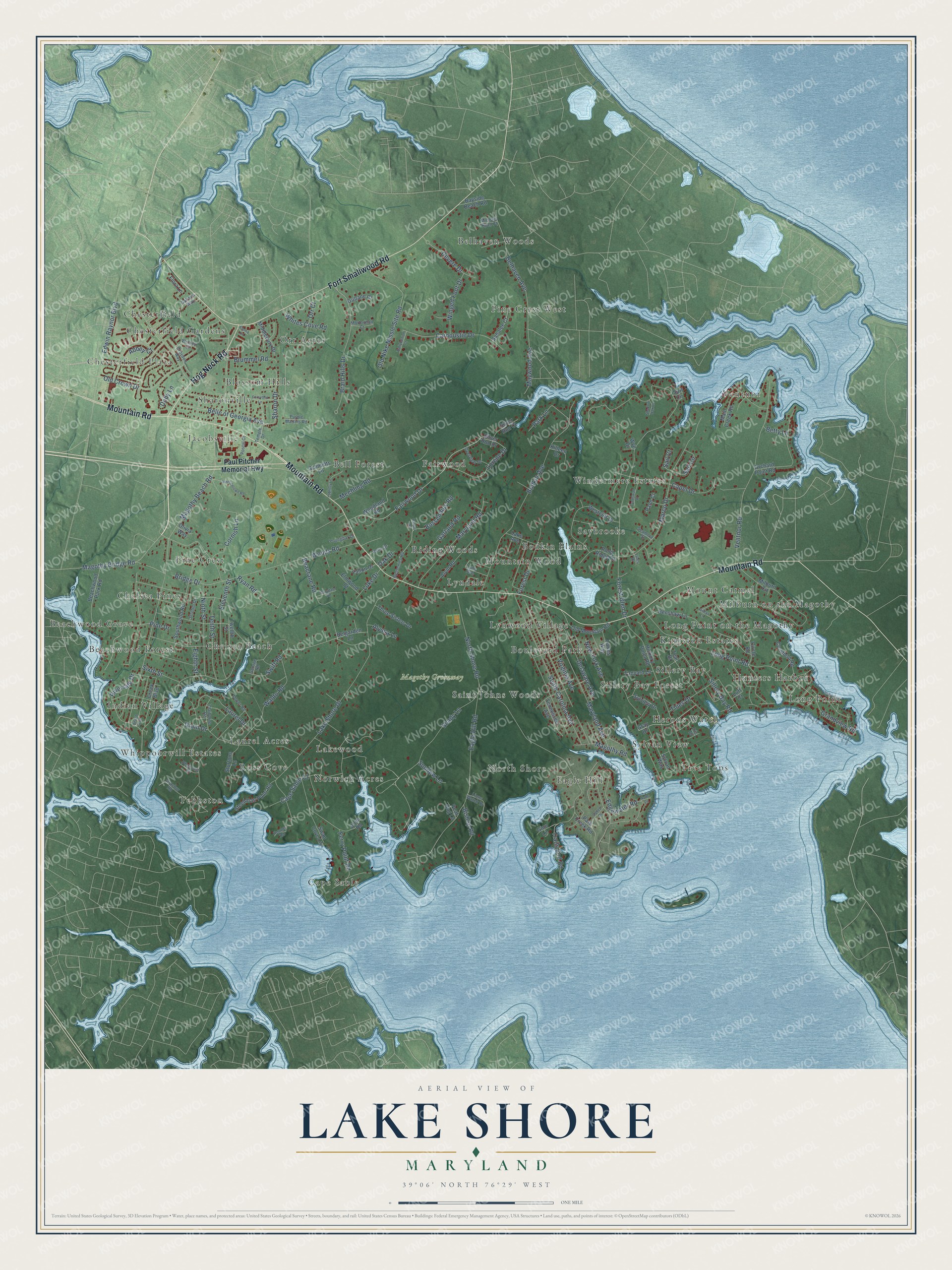 Full map of Lake Shore, Maryland, with red buildings, printed street names and the land around them