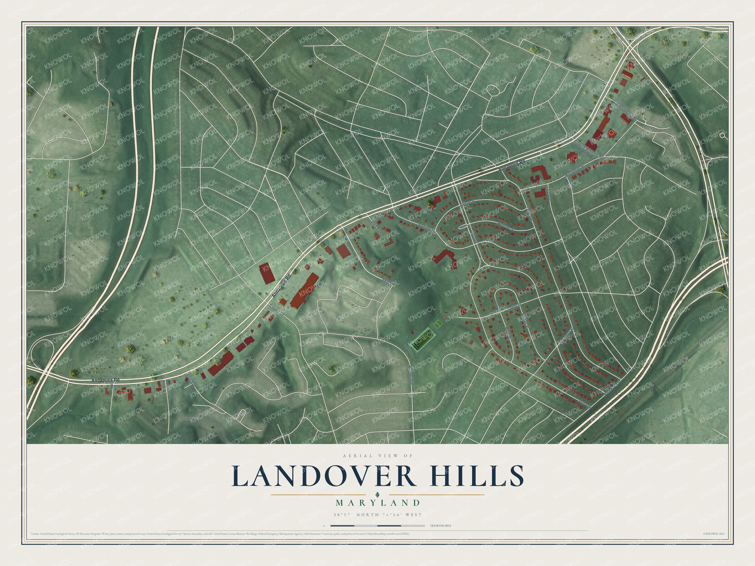 Full map of Landover Hills, Maryland, with red buildings, printed street names and the land around them
