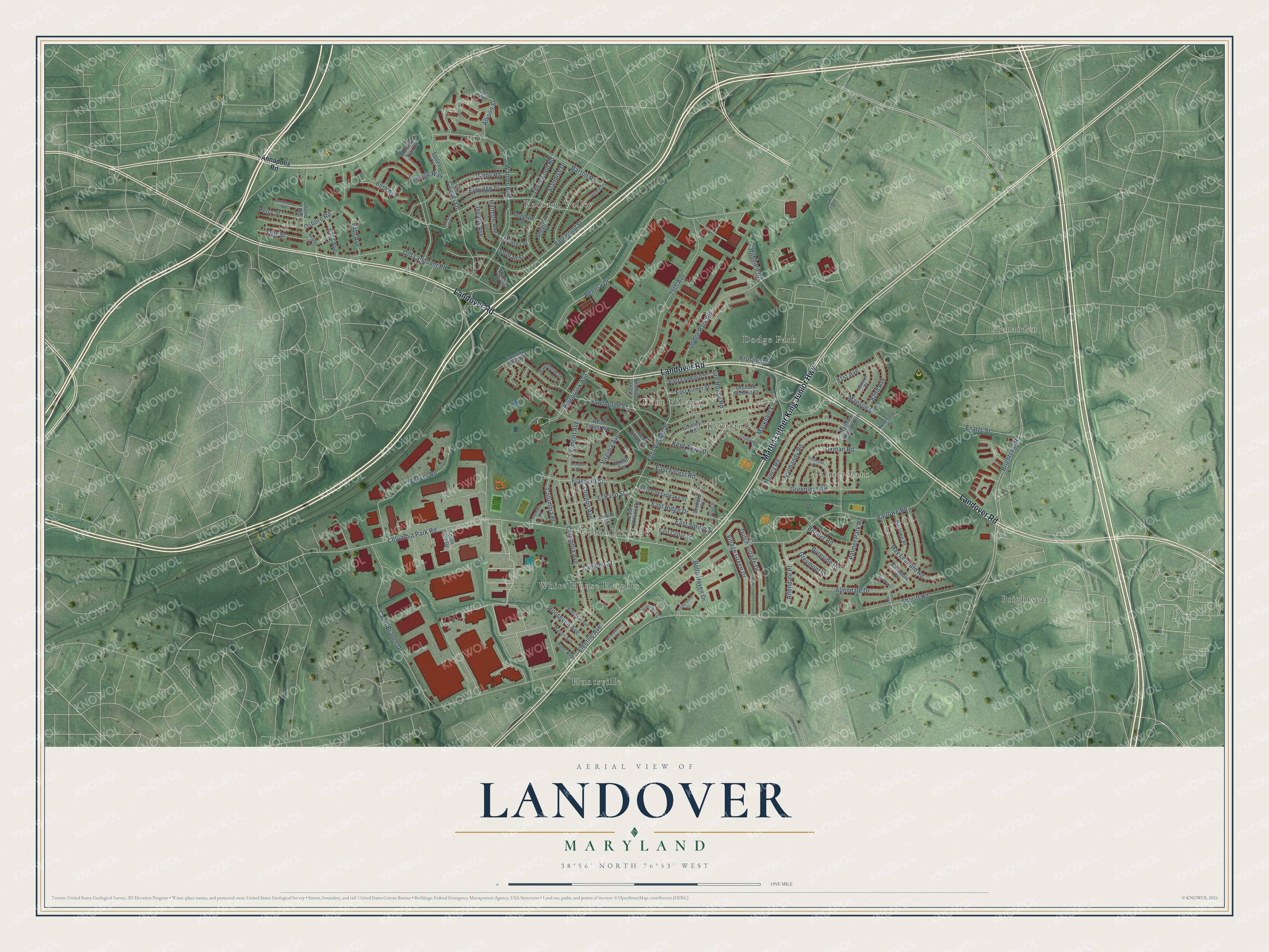 Full map of Landover, Maryland, with red buildings, printed street names and the land around them