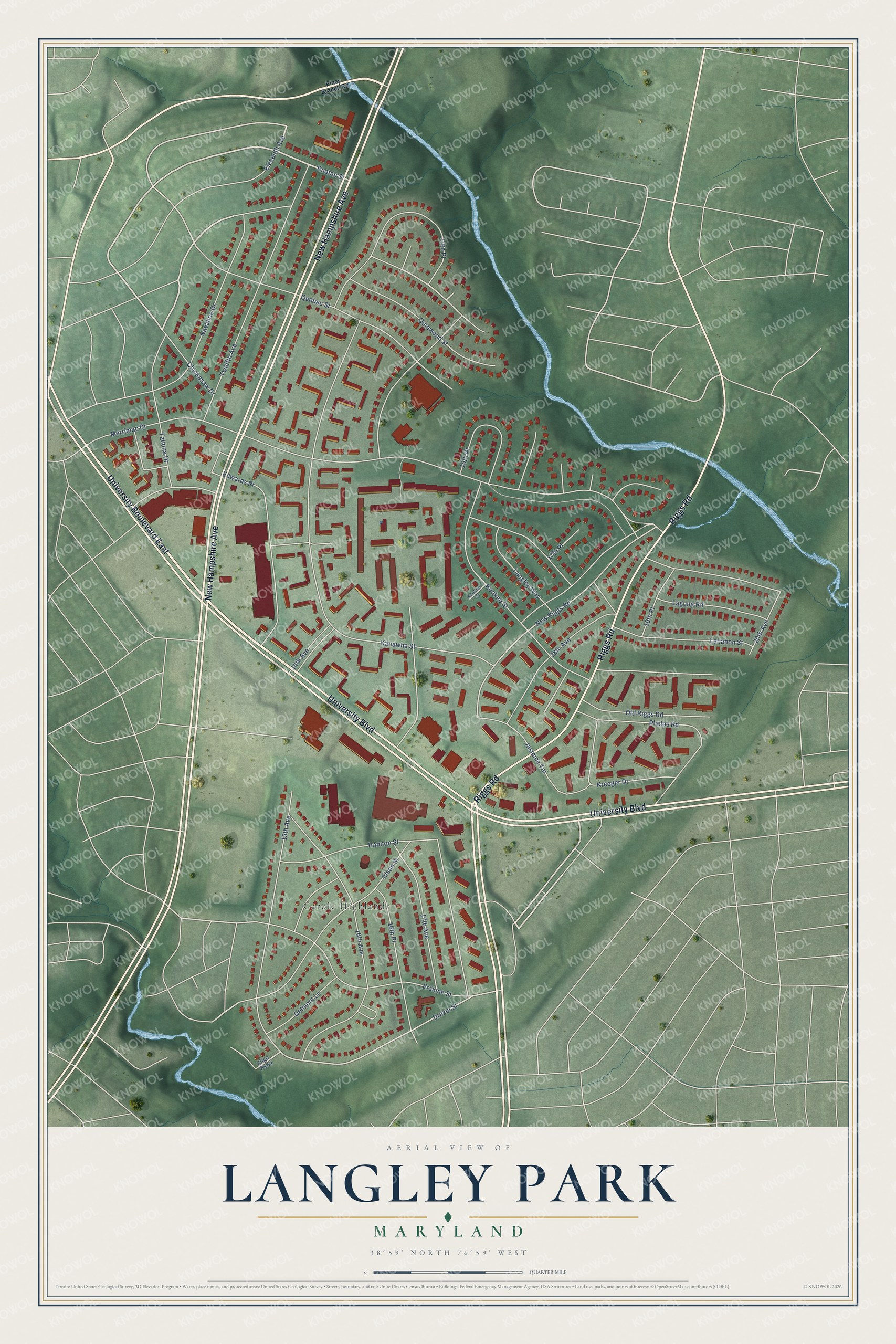 Full map of Langley Park, Maryland, with red buildings, printed street names and the land around them