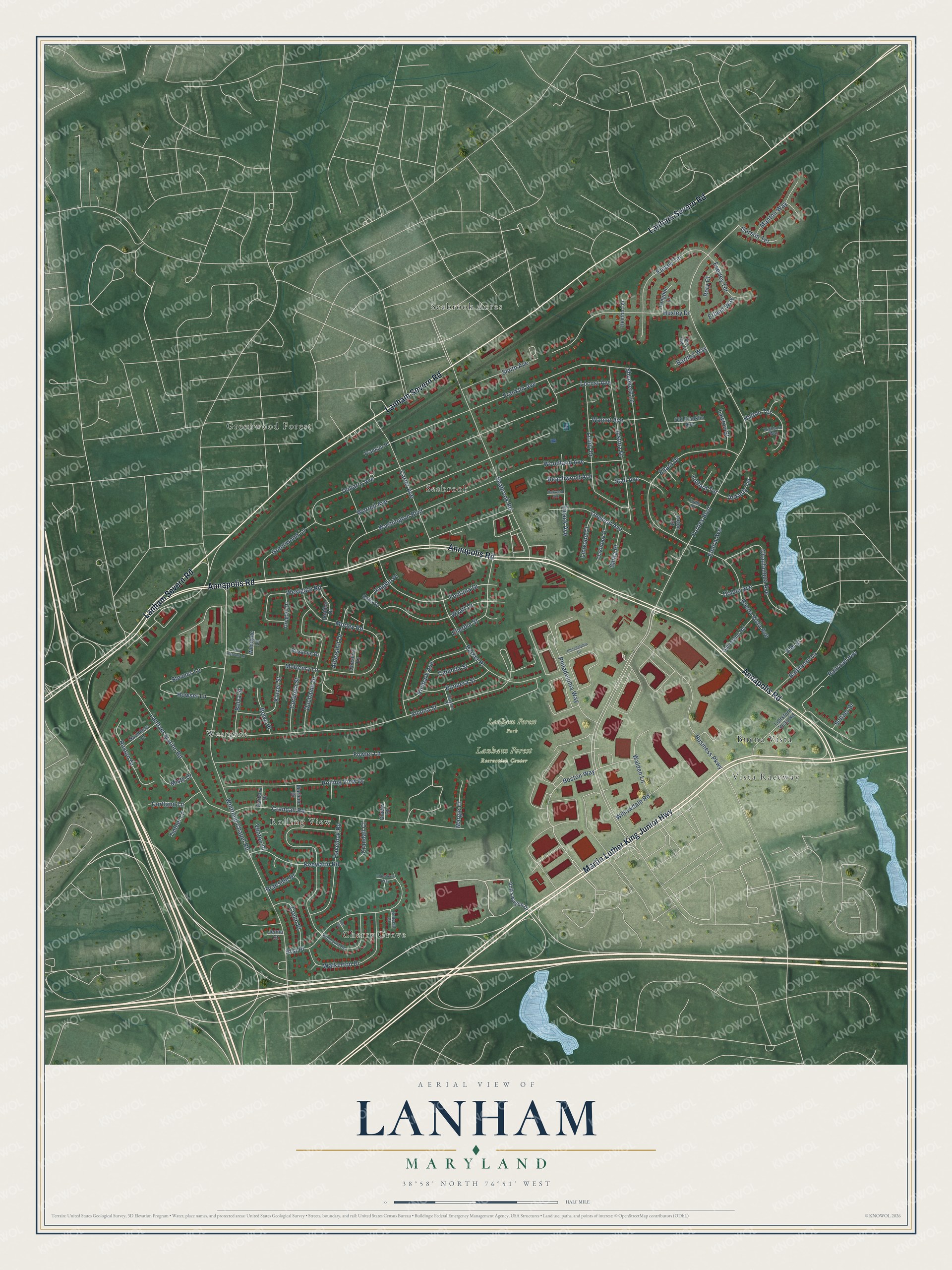 Full map of Lanham, Maryland, with red buildings, printed street names and the land around them
