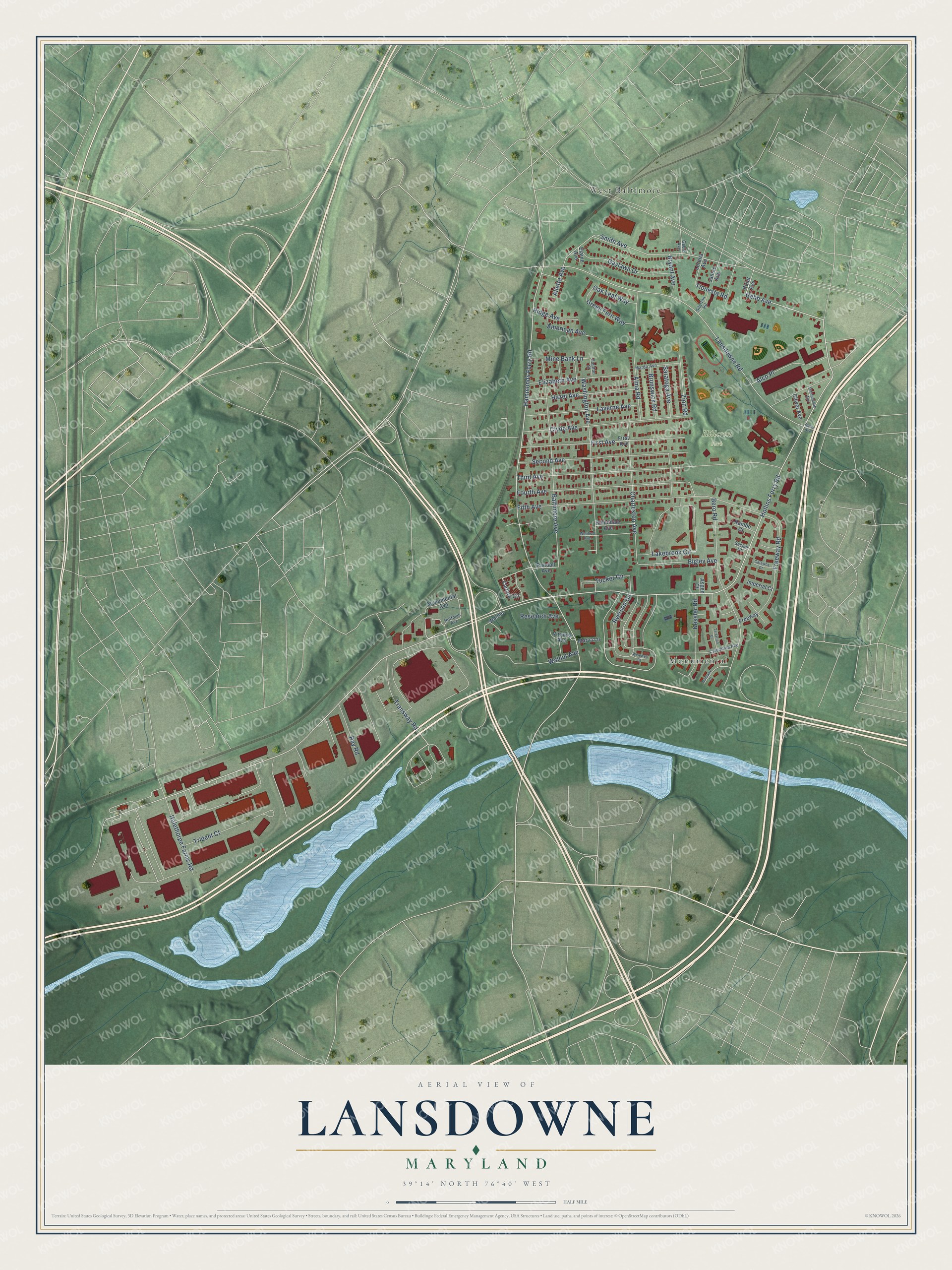 Full map of Lansdowne, Maryland, with red buildings, printed street names and the land around them