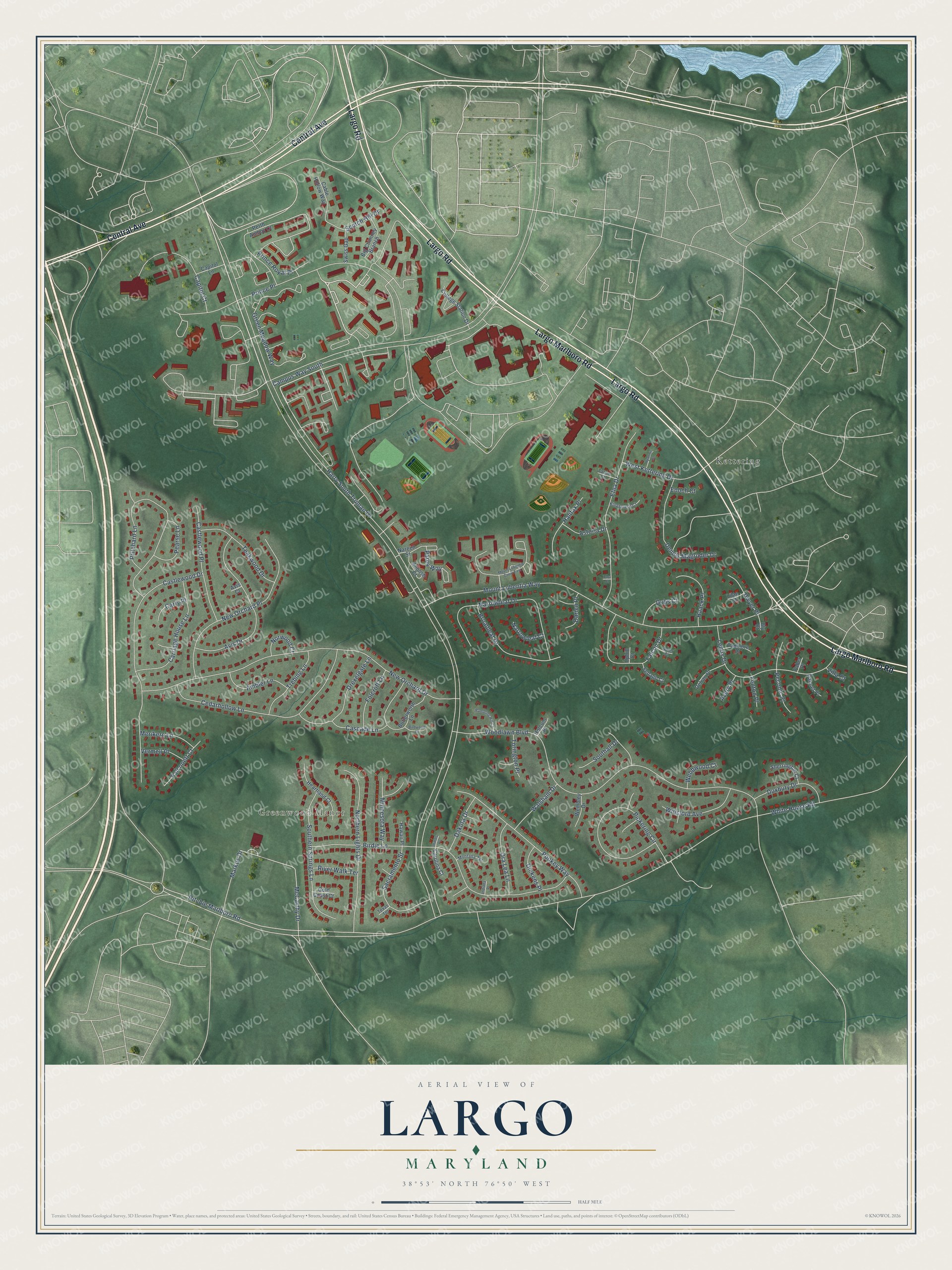 Full map of Largo, Maryland, with red buildings, printed street names and the land around them