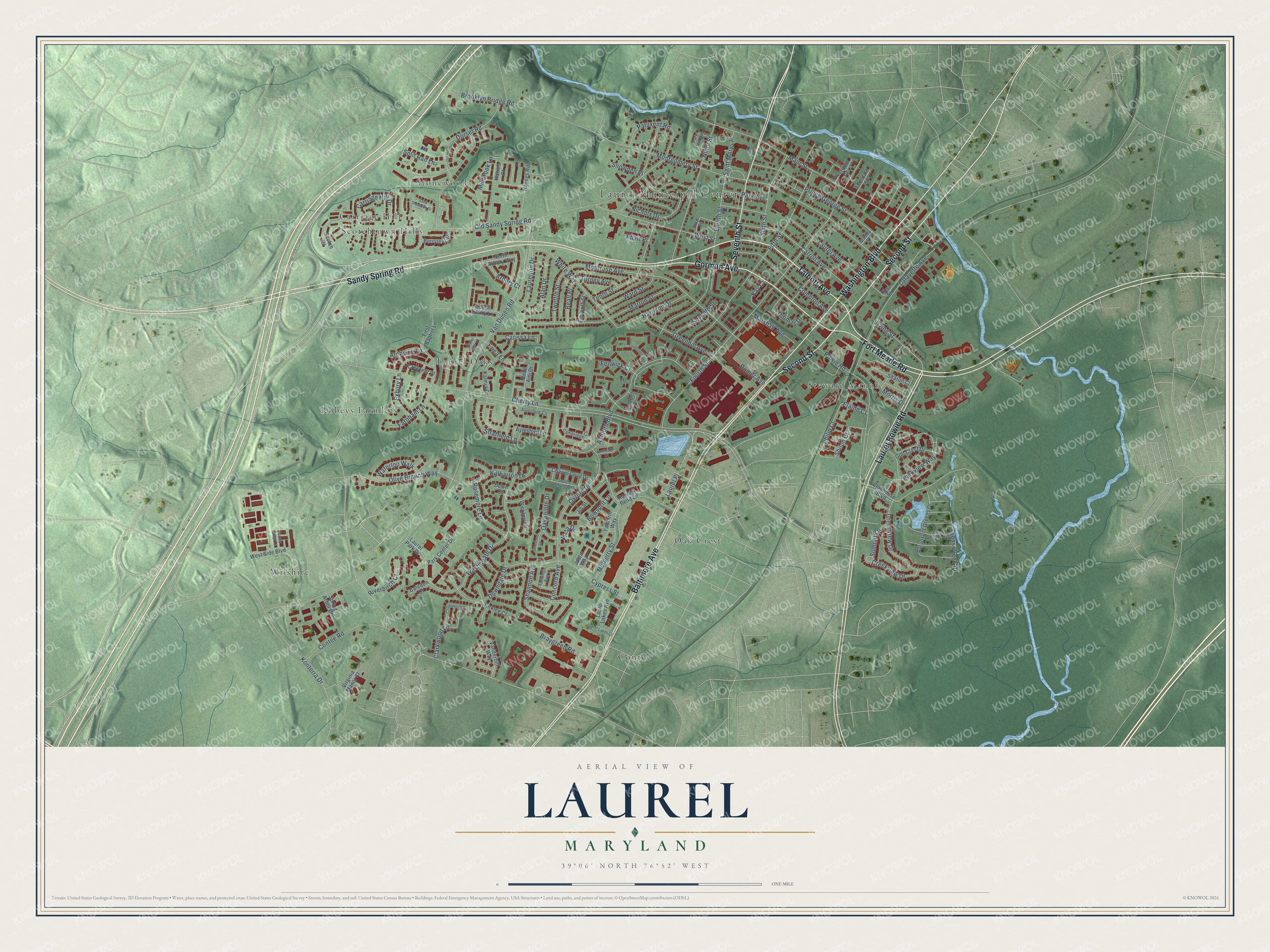 Full map of Laurel, Maryland, with red buildings, printed street names and the land around them