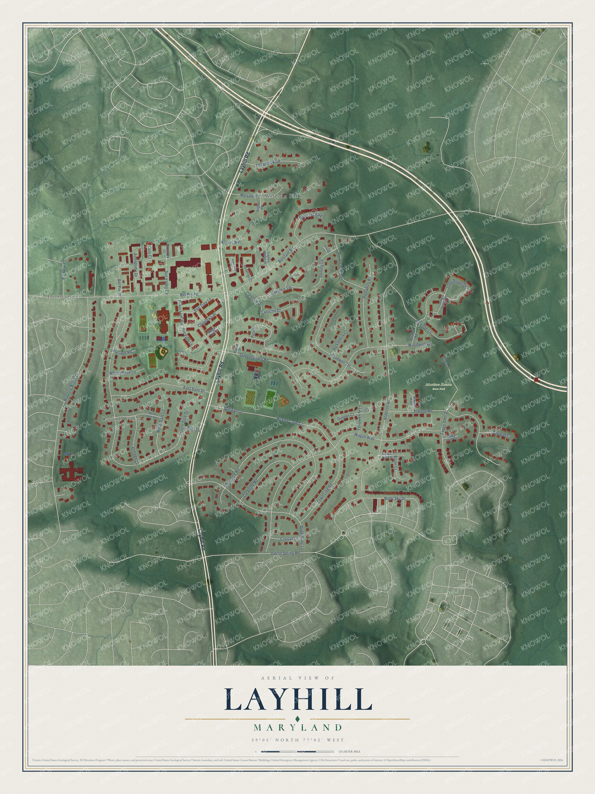 Full map of Layhill, Maryland, with red buildings, printed street names and the land around them